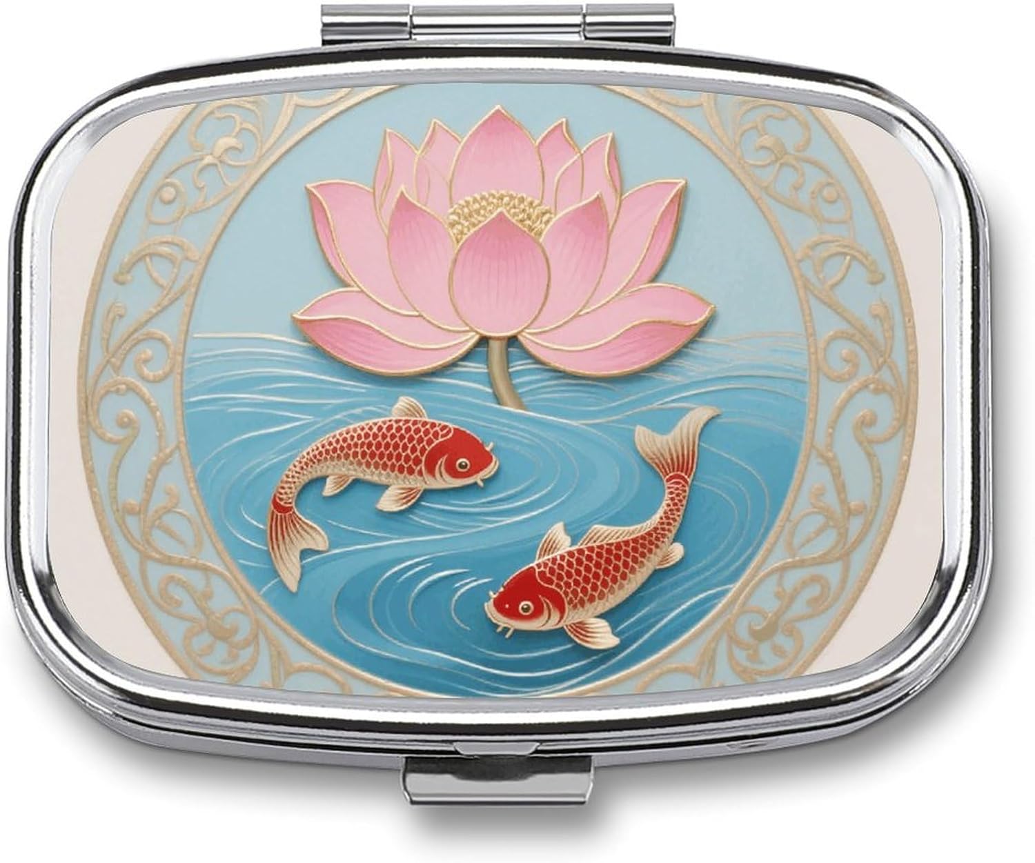 Goldfish and Lotus Mural Pattern Pill Case 2-Compartment Pill Organizer with Mirror- Portable Medicine Container for Purse & Travel, Small Medicine Box for Vitamins, Fish Oil, Supplements