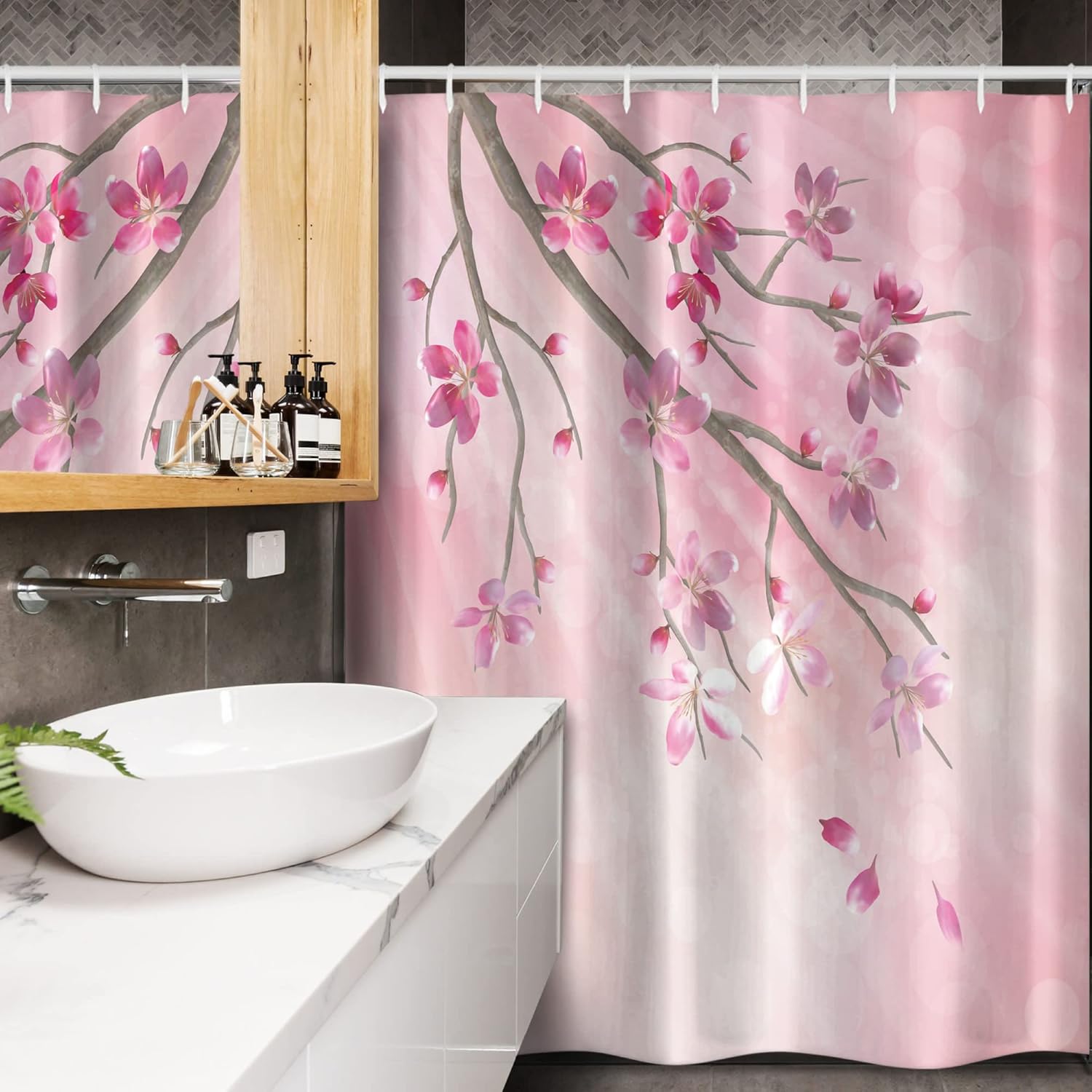 Ambesonne Nature Stall Shower Curtain, Illustration of Spring Tree Branch with Blossoms Sun Beams on Blurred Background, Fabric Bathroom Decor Set with Hooks, 54" W x 78" L, Pink Fuchsia