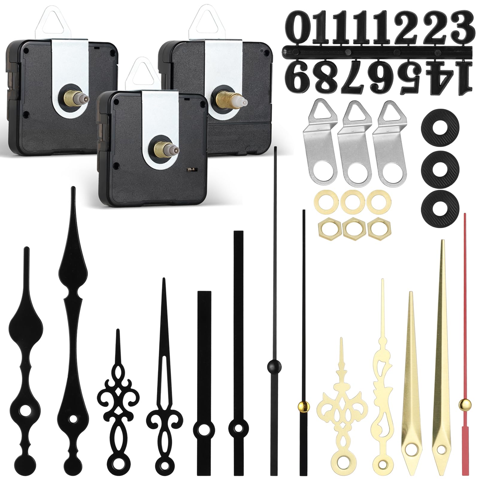 Amentalove 3PCS Silent Clock Mechanisms Battery Powered, Quartz Clock Mechanism with 5 Styles Clock Hands and Clock Numbers, Wall Clock Mechanism Motor Replacement DIY Repair Parts (16mm 18mm 20mm)