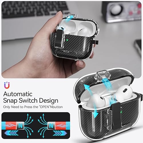 Vista 4 de Funda compatible con AirPods Pro de 2ª generación con soporte para teléfono, (con clip de bloqueo), diseño de fibra de carbono transparente