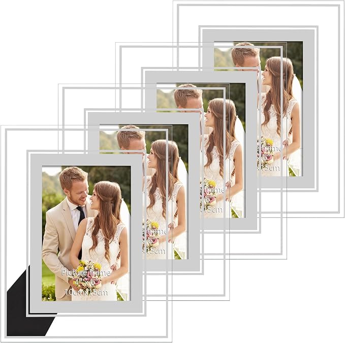 PHAREGE 4x6 Glass Picture Frame Silver Clear 4 Pack, 4 by 6 Modern Photo Frame Set for Family Wedding Decor, Only Vertical or Horizontal on Tabletop