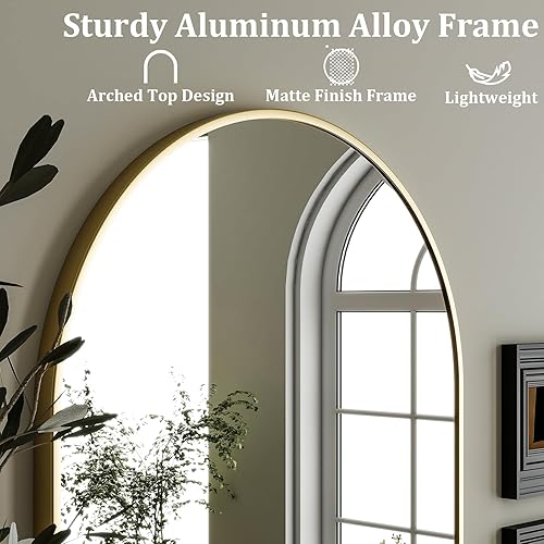 Miniatura 4 de HARRITPURE Espejo de baño arqueado de 20 x 30 pulgadas, espejo de pared, espejo de arco dorado, marco de aleación de aluminio, espejo de baño, sala