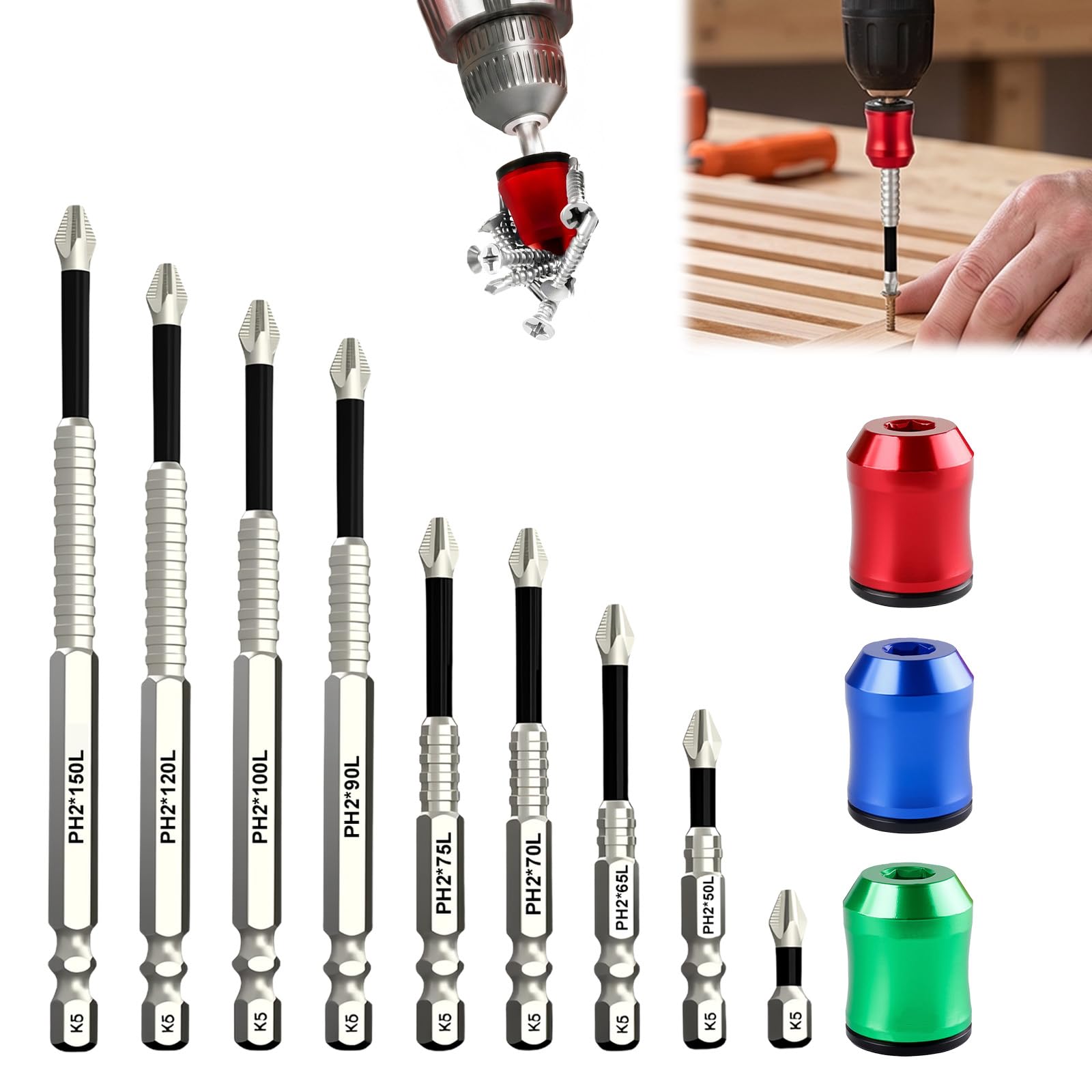 XdealCozyxc 12 Pcs Magnetic Screwdriver Bits Screw Holder Ring Set, 25 50 65 70 75 90 100 120 150mm Anti Slip Screwdriver Bits