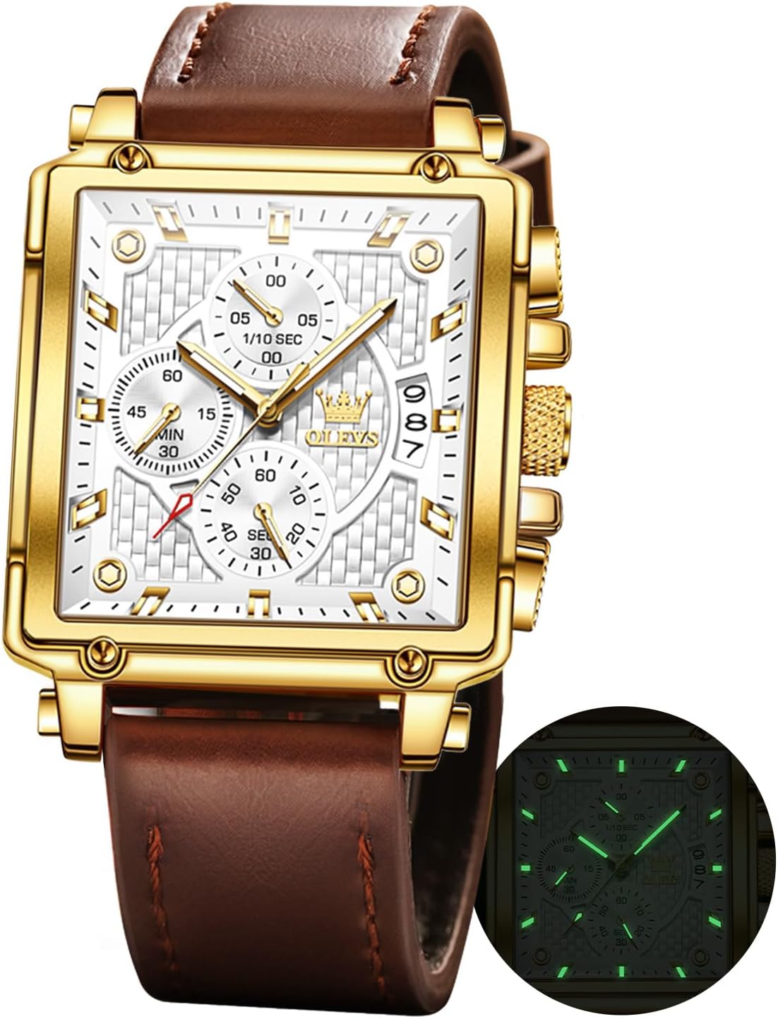 Watches for Men Quartz Chronograph Leather Fashion Dress Watch Date Waterproof Luminous Casual Square Business Wrist Watches