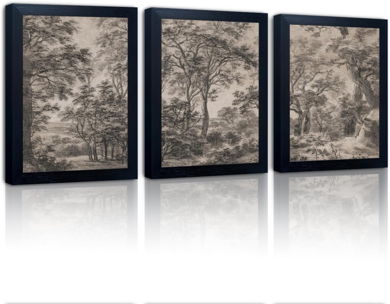 Neutral Forest Canvas Print Landscape Sketch Painting Vintage Framed Cottage Wall Art Botanical Farmhouse Picture Wall Decor