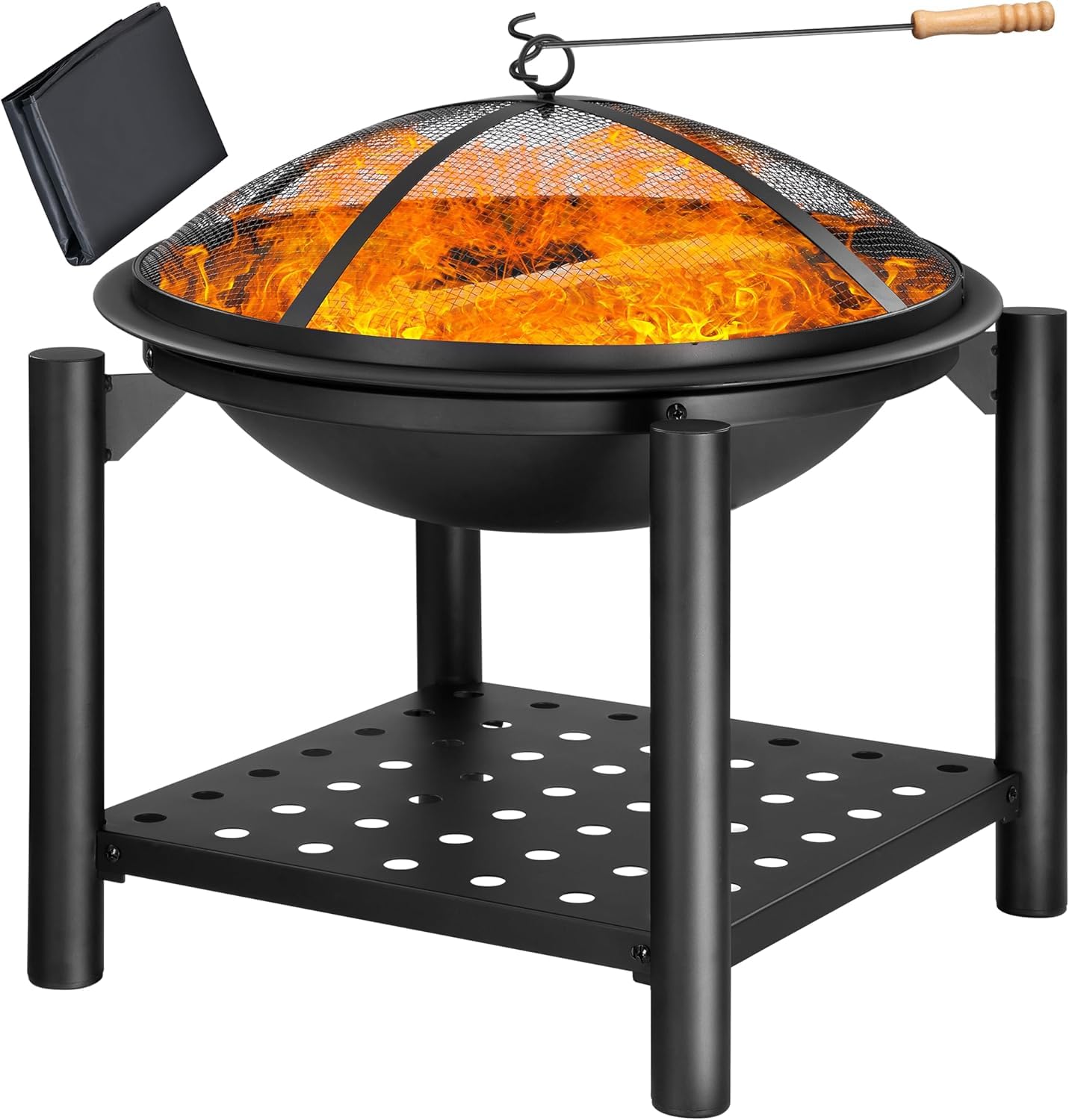 Gardebruk® 55cm Garden Fire Pit with BBQ Grill Grate, Spark Guard, Poker & Waterproof Cover, Black Outdoor Firepit Bowl for Patio, Wood & Charcoal Burner with Log Storage Shelf, Heater for Camping