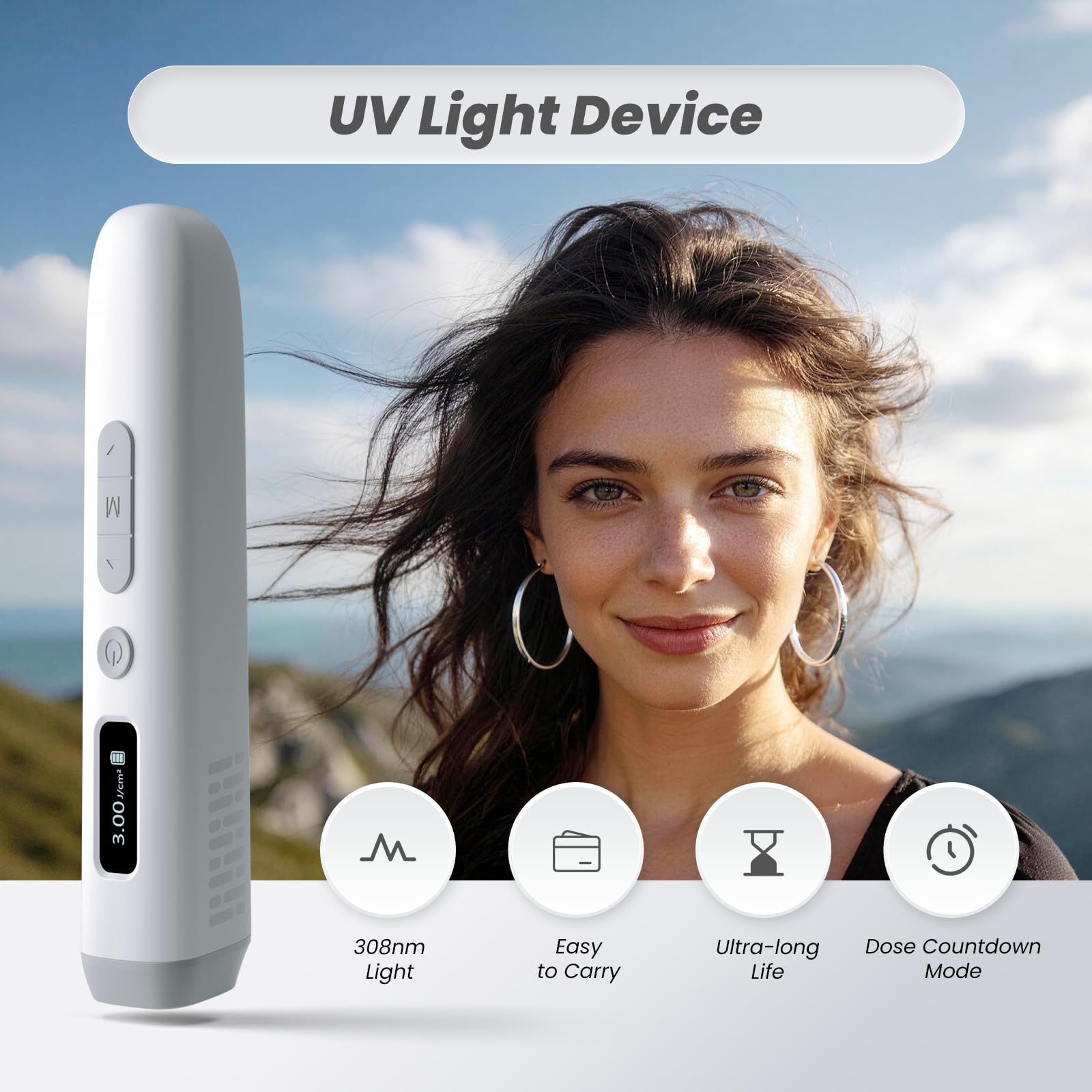 Dispositivo portátil de luz UV de 308 nm, recargable con pantalla LCD para uso doméstico y de viaje