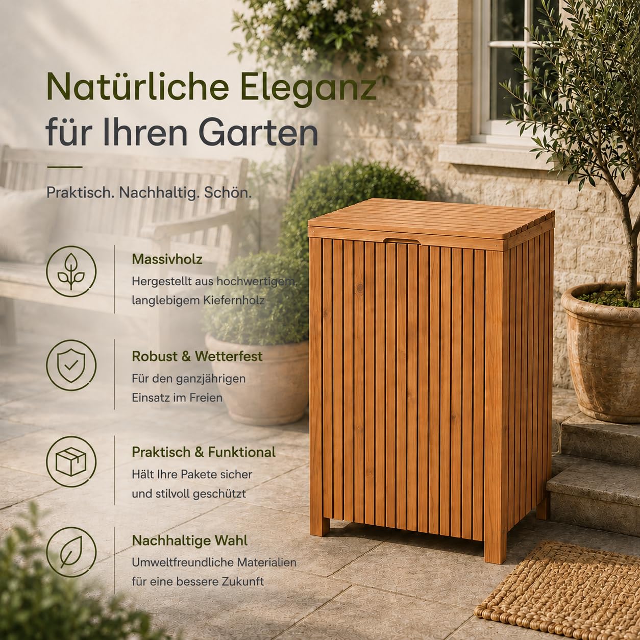 Paketbox aus Holz, Wasserdicht und abschließbar – 53x39x71cm