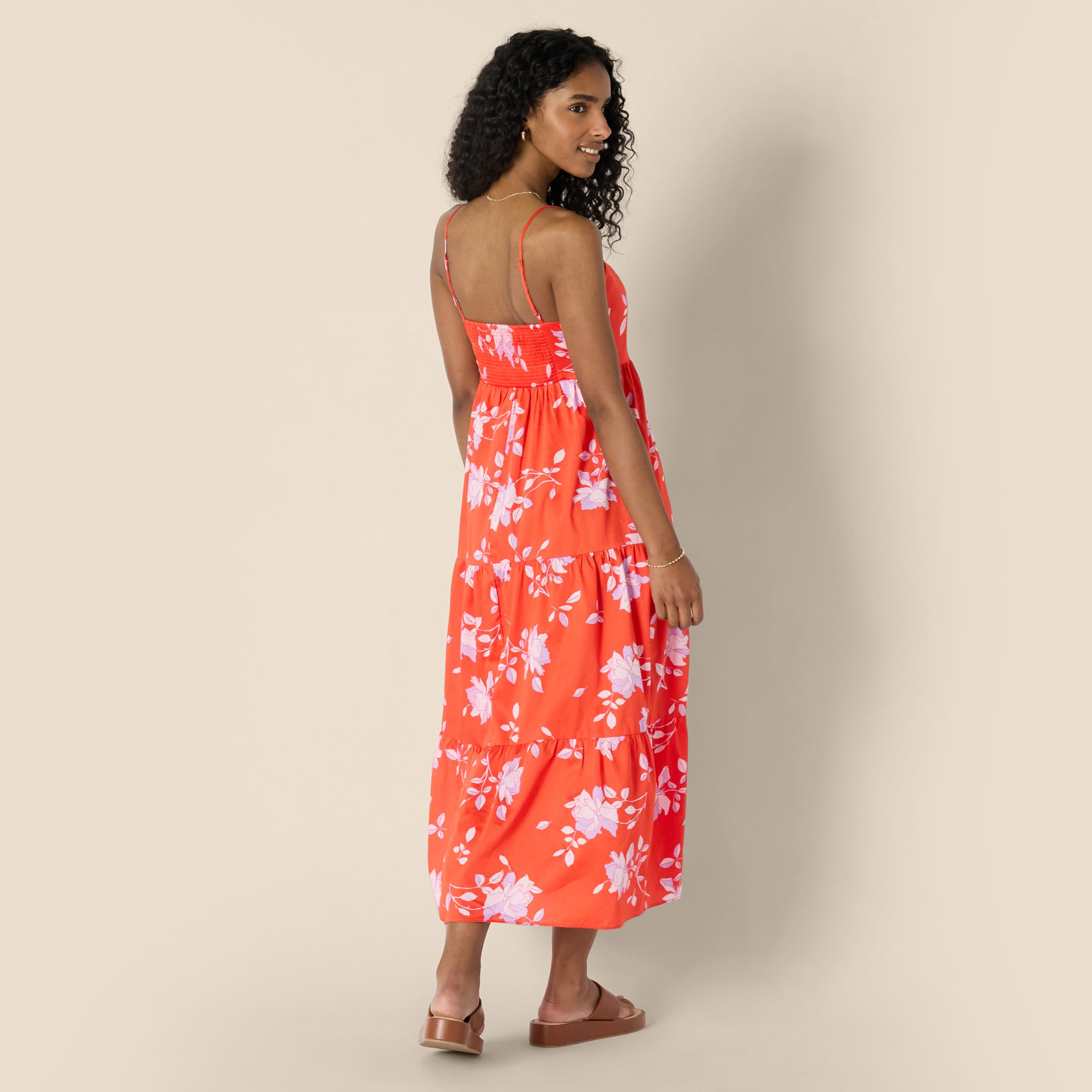 Amazon Essentials Robe Longue Évasée en Satin de Coton Taille Empire Décolleté Cœur Jupe à Volants Étagés Femme