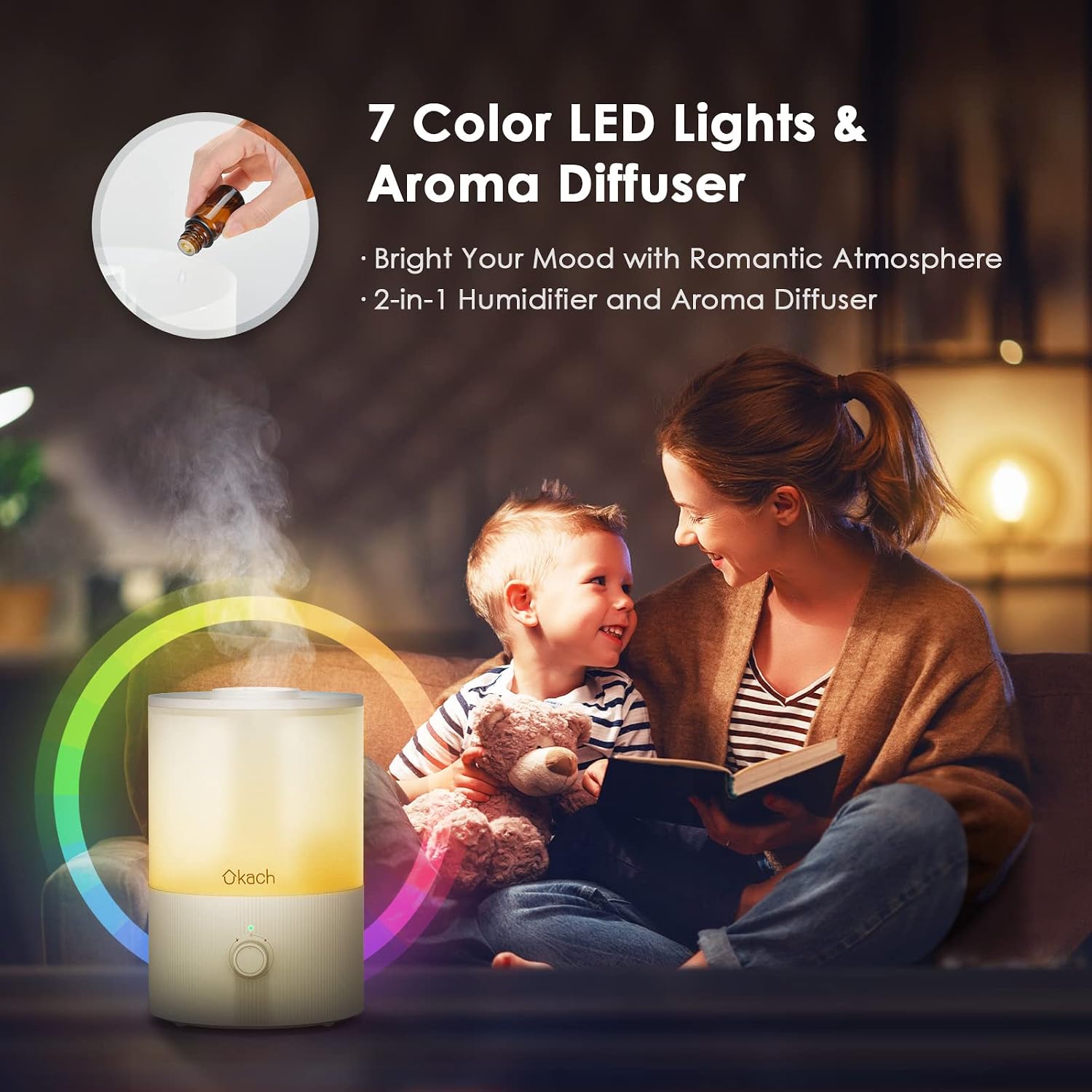 Ukach 3.5L Humidifiers for Bedroom Large Room, Cool Mist Humidifier Lunar H01 with Essential Oil Diffuser, Quiet Ultrasonic Humidifiers for Baby Plants Home, Top Fill, 7-Color Light, BPA Free