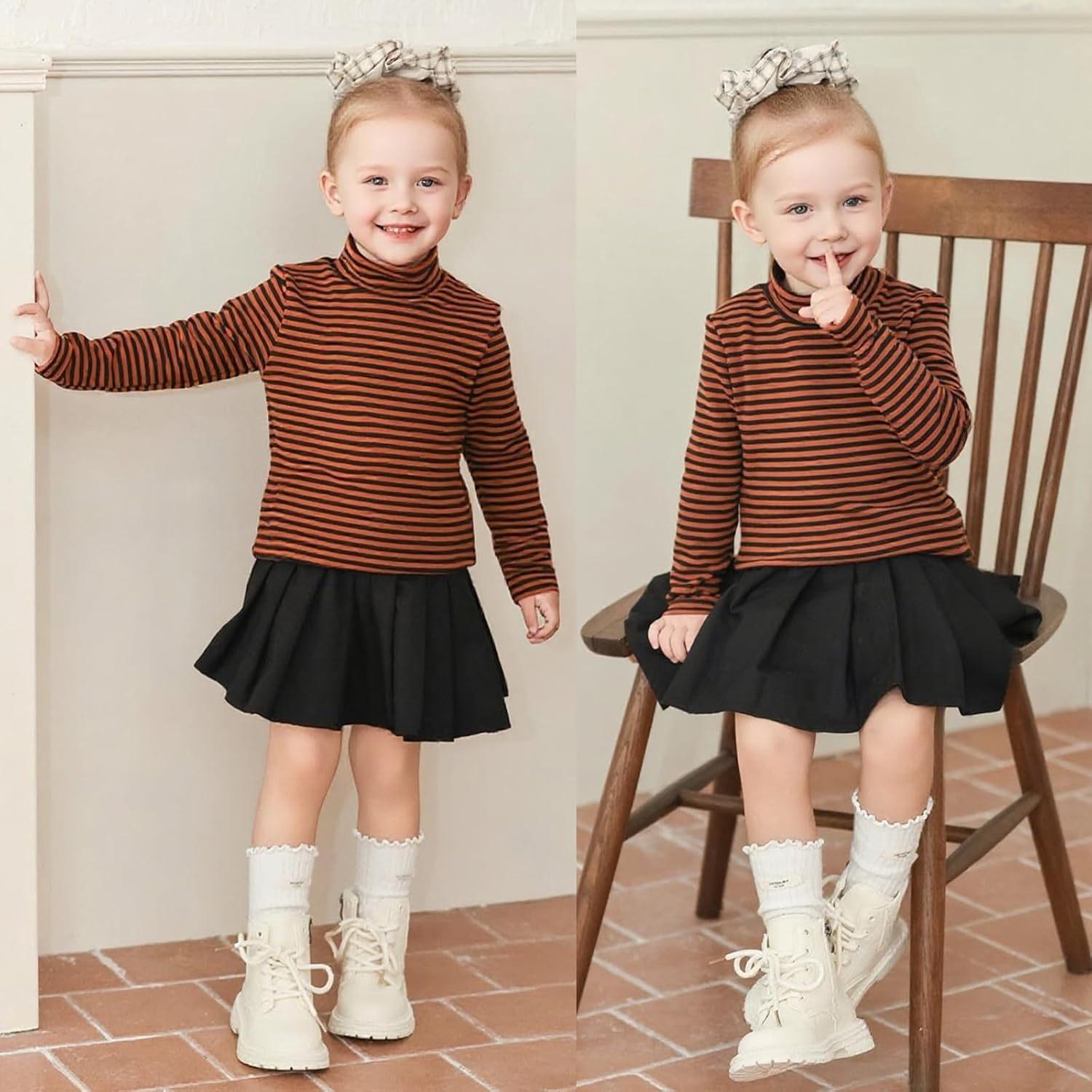 MINI PANDA Little Girl's High-Neck Striped Long-Sleeved T-Shirt, Toddler's High-Neck Stretch Top - Image 4