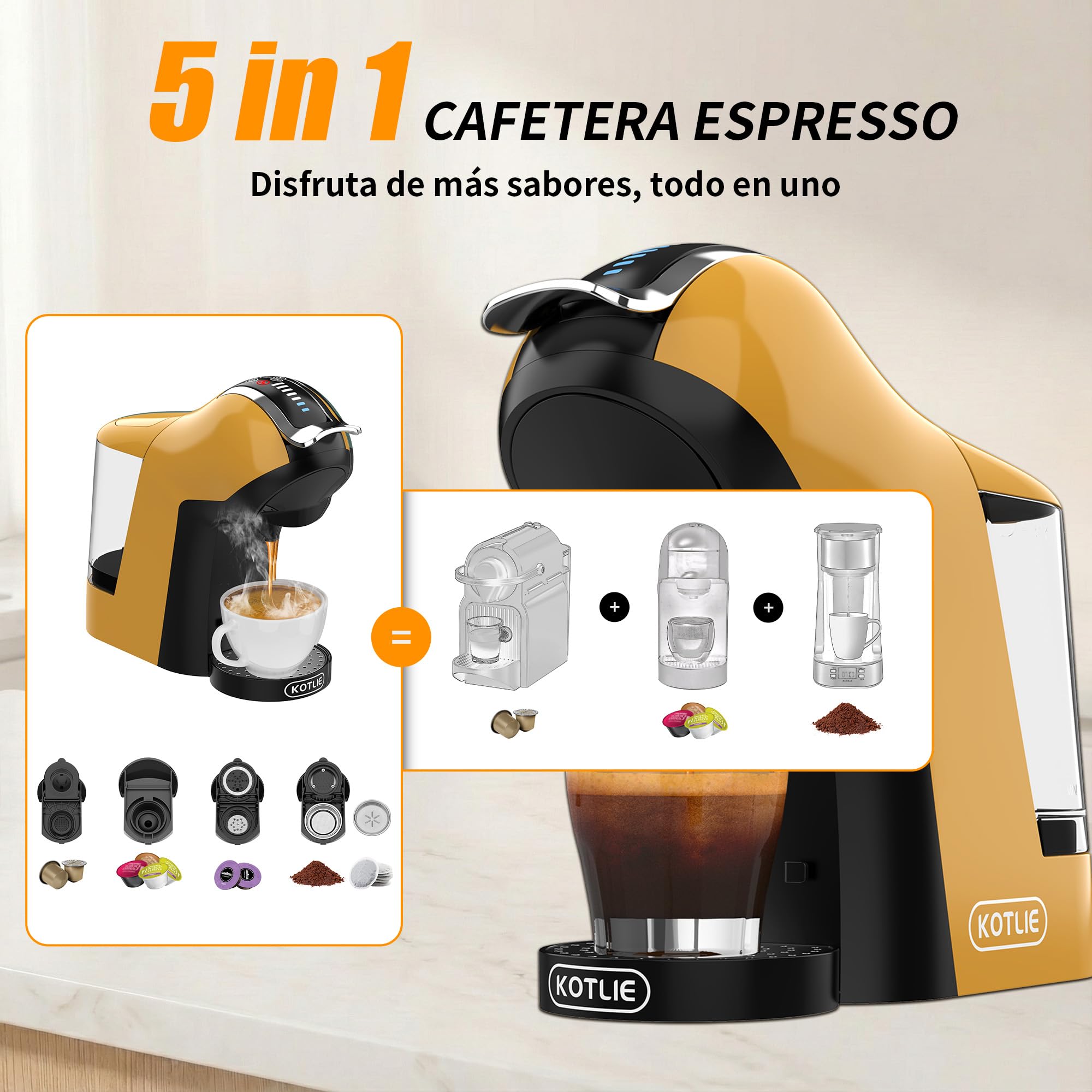Upgrade Máquina de Cápsulas Café Espresso 5 en 1 19 Bar para Nespresso/Dolce Gusto/LAVAZZA MIO/LOR y Café Molido/ESE, Cafeteras Automáticas Pequeñas con Cápsulas, EM-308B (Amarillo)