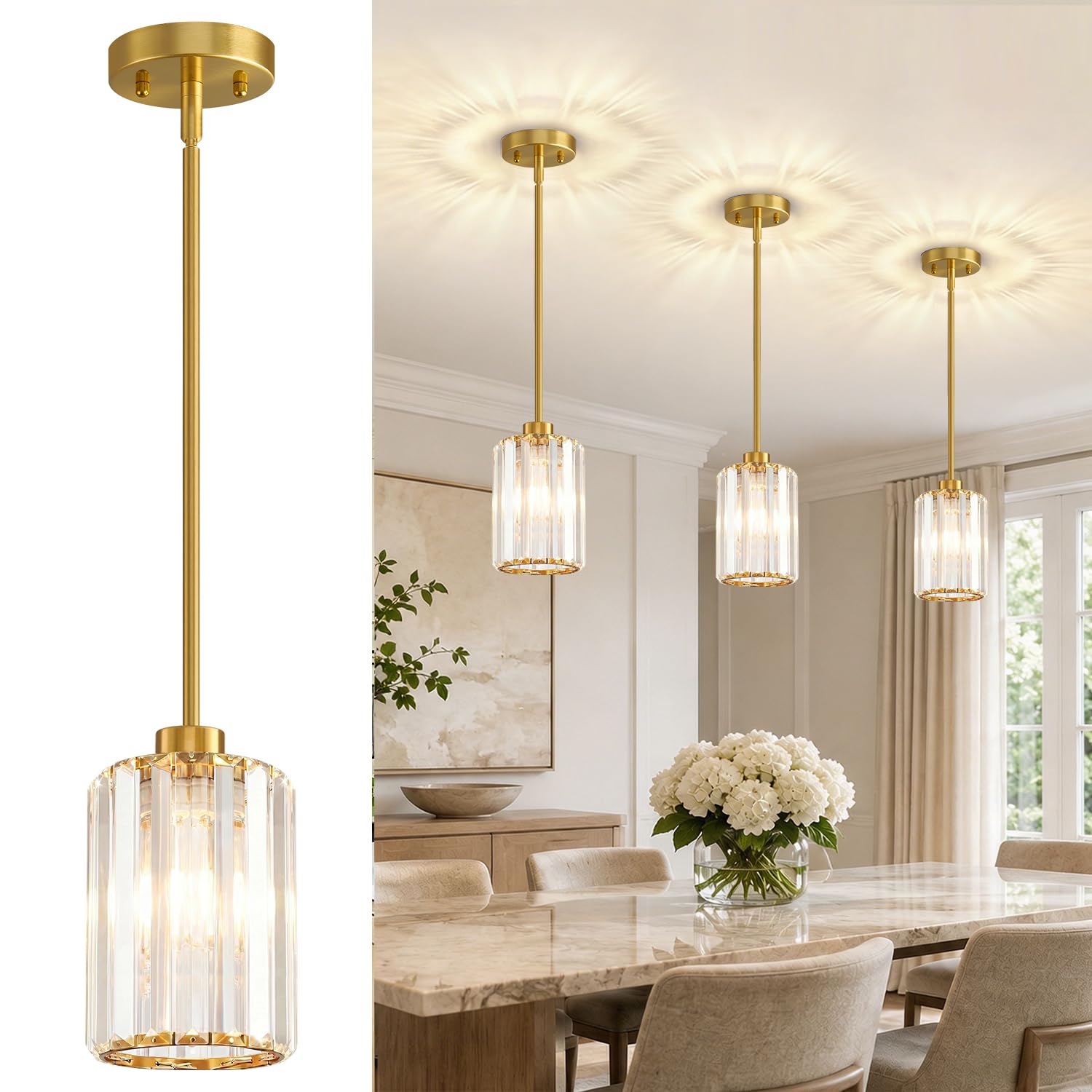 Photo 1 of MQMQA 3 Pack Brushed Gold Pendant Lights Kitchen Island, Modern Crystal Chandelier Kitchen Pendant Lighting Over Island, Hanging Mini Light Fixtures for Dining Room Hallway Corridor Bedroom
