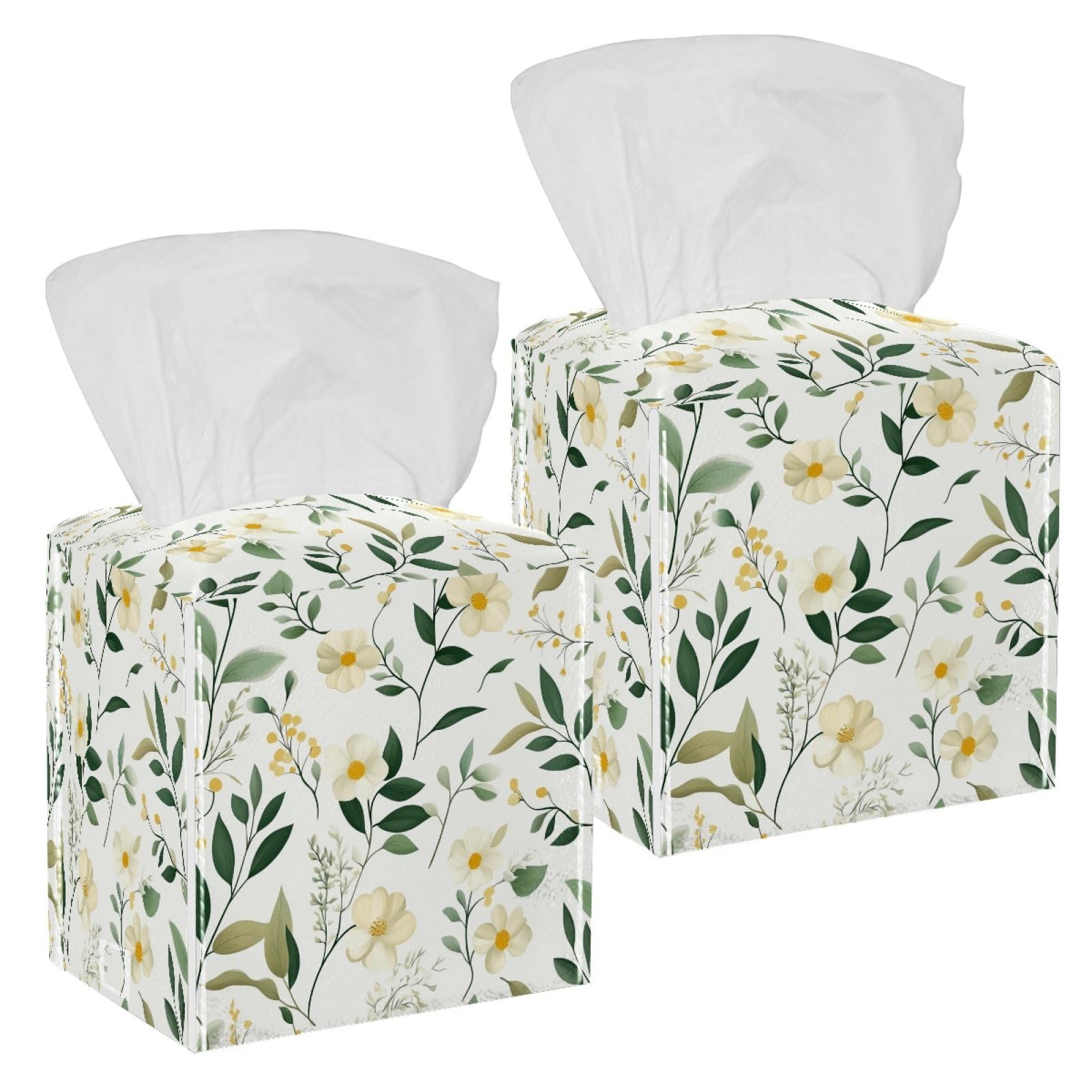 Flowers and Leaves Tissue Box Cover, 2 Pack PU Leather Square Facial Tissue Dispenser Box holder for Home Office Car