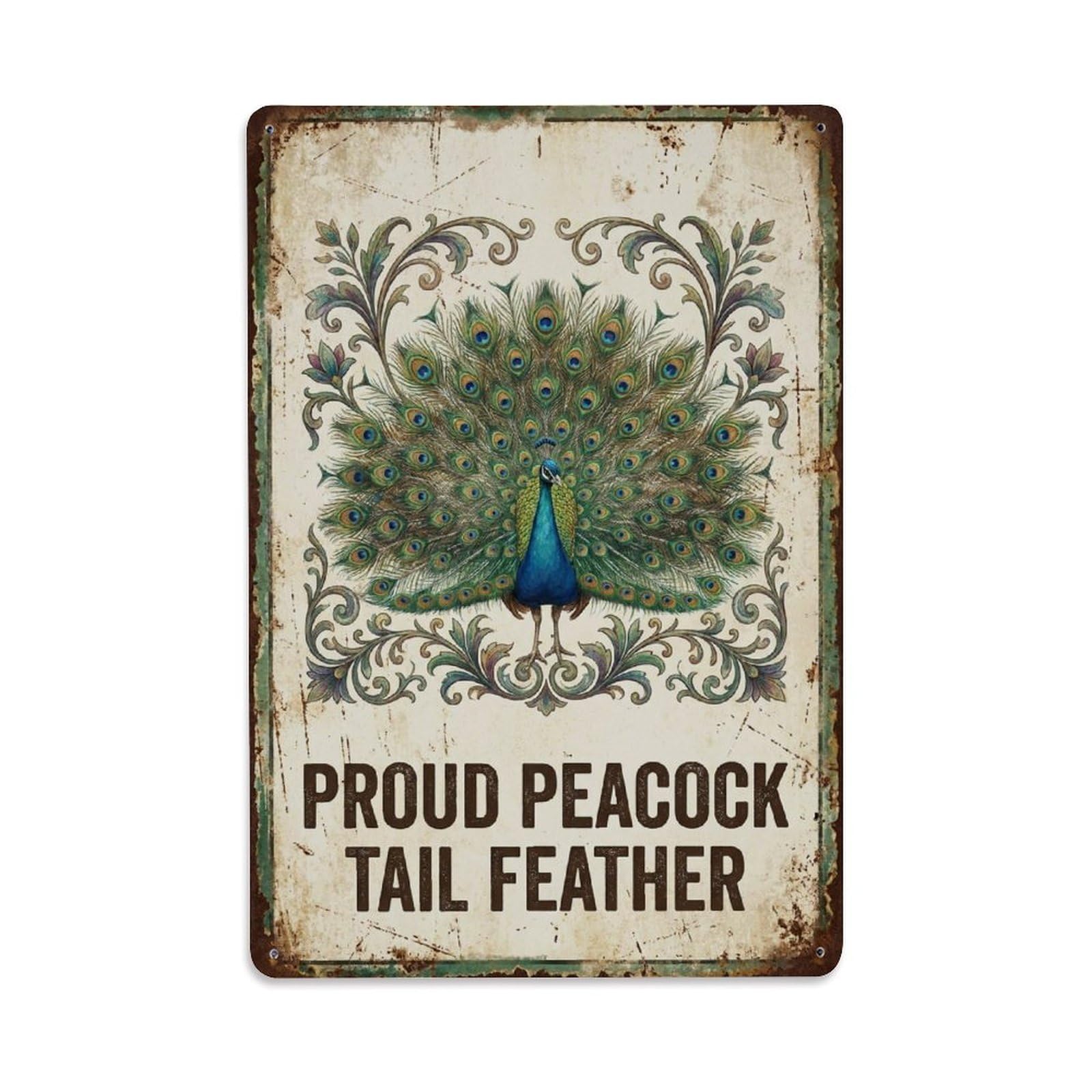 Okngb Style Peacock Tail Feather Wildlife Motto Folk Vintage Metal Tin Sign Plaque Wall Decor For Cafe, Man Cave, Club Bar, Office, Home Garden Round Metal Poster 8X12inch