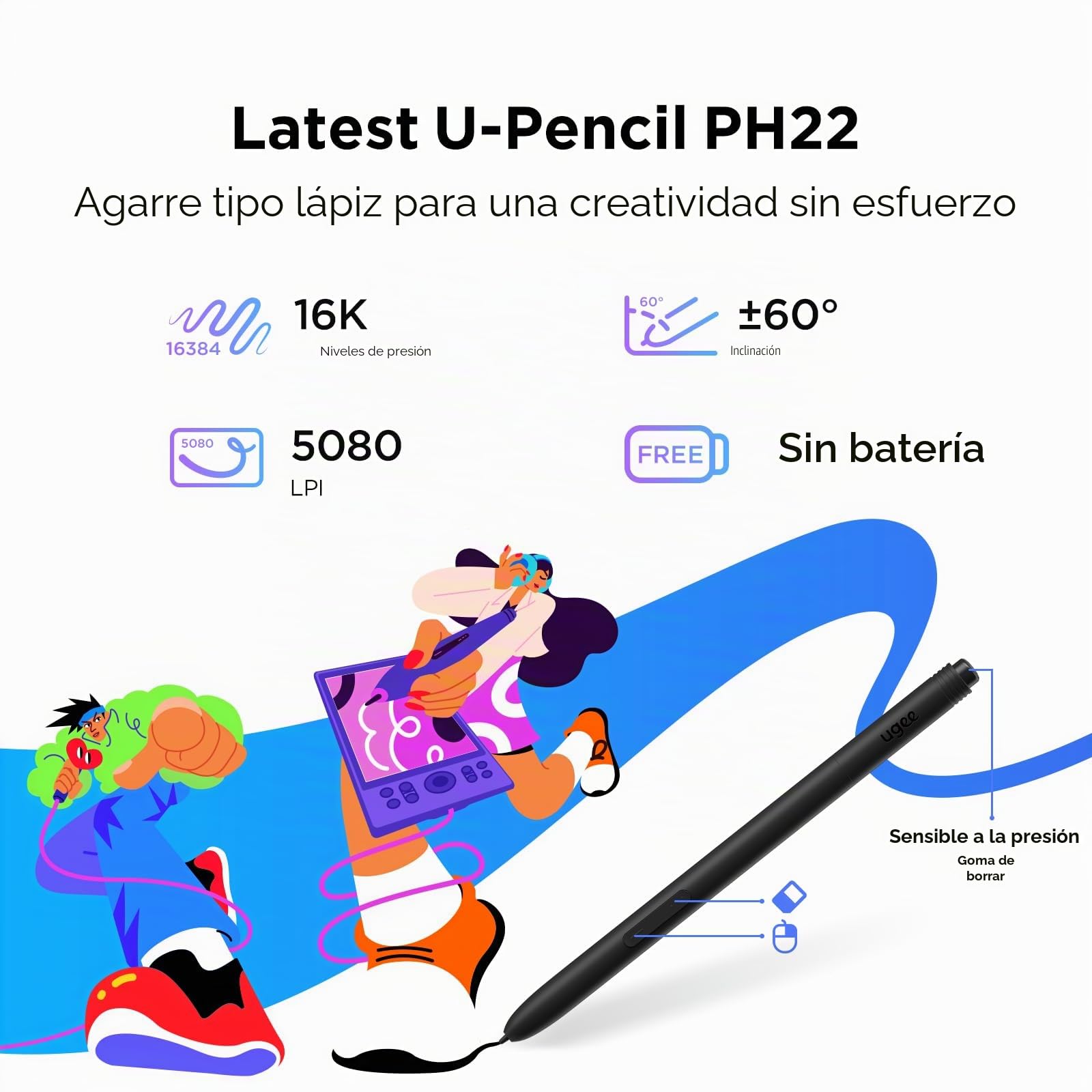 UGEE Tableta de dibujo de 15.4 pulgadas con pantalla, 143% sRGB UE16 tableta gráfica de computadora con pantalla laminada completa 8+1, teclas de acceso rápido de 16 K, lápiz capacitivo sin batería,