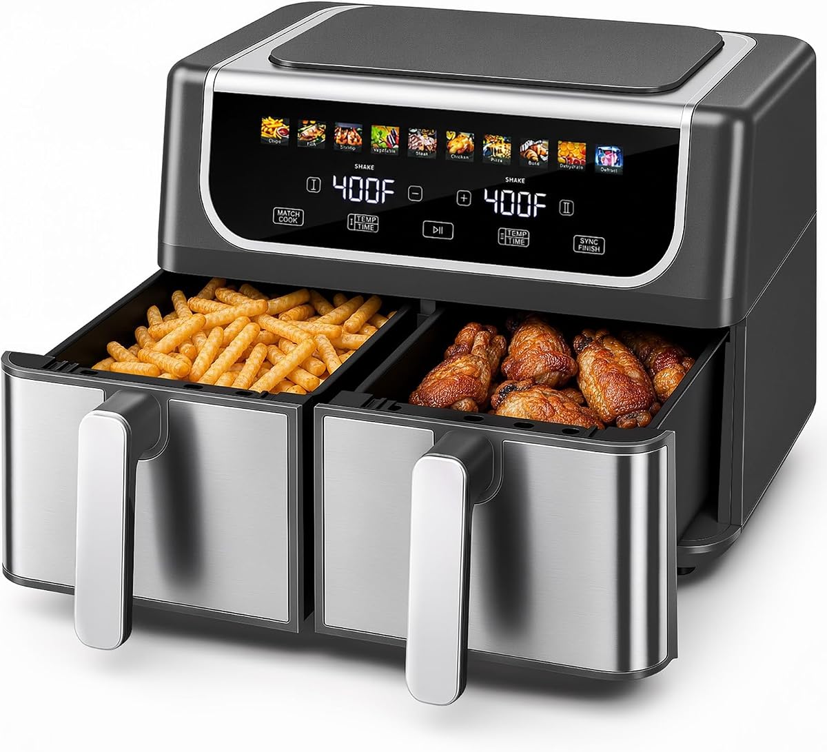 Freidoras de aire duales con 2 cestas Freidora de aire grande 10 en 1 de 9,5 cuartos | Control de temperatura independiente 80-450 °F, placa de cerámica para verduras, configuración de sincronización, recordatorio de batido, hornear, asar, descongelar, deshidratar, negro