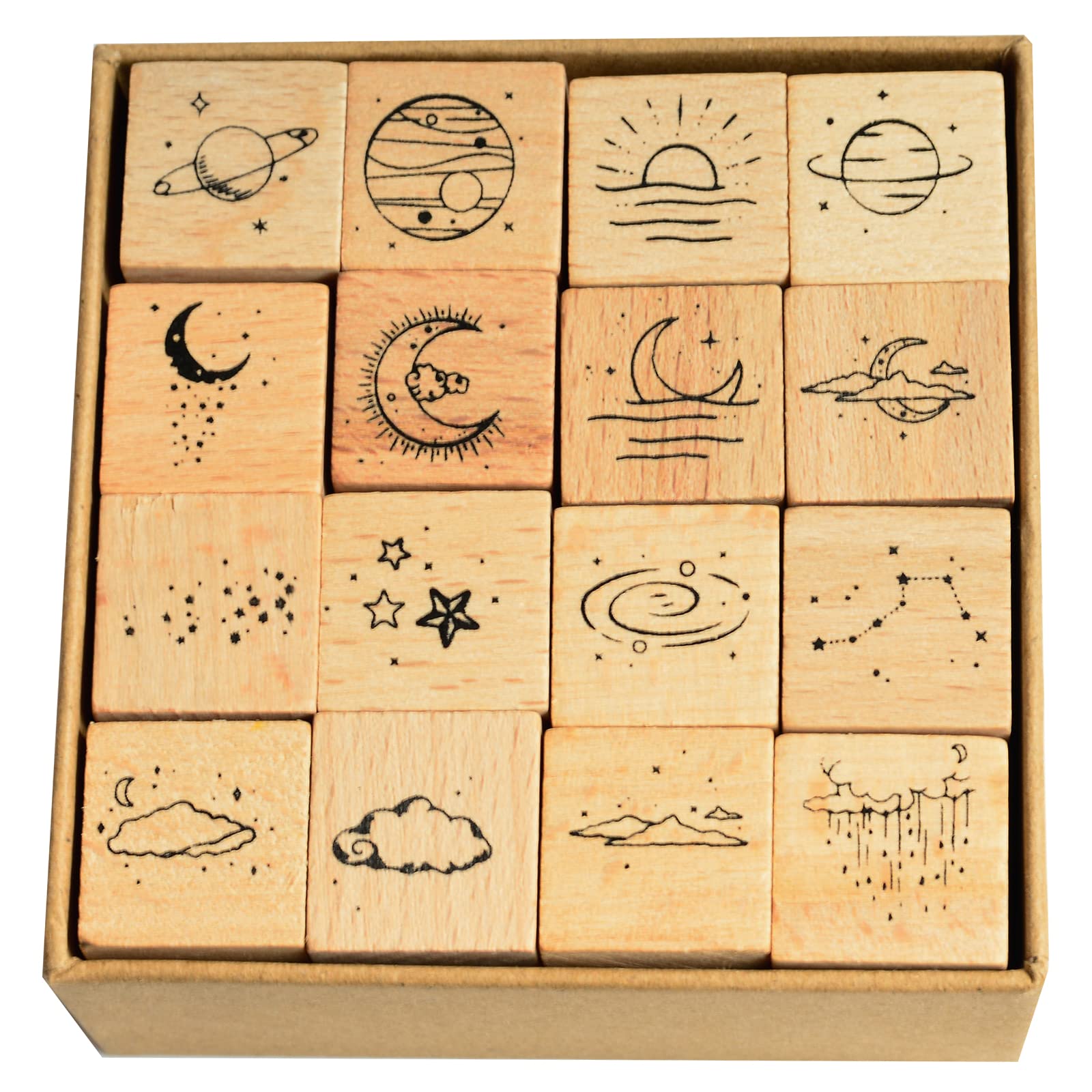 MantouxixiRubber Stamps Moon Star Space Planet Set - 16 Pcs Sellos de Madera Wood Rubber Stamps for Decorative Arts Crafts and Card Making