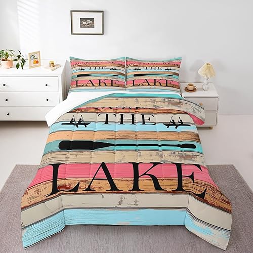 Colorido juego de edredón rústico de casa de lago, tamaño Queen, juego de ropa de cama de madera de granja, para niños, niñas, adolescentes y