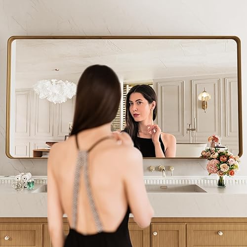Miniatura 54 de LOAAO - Espejo de tocador para baño con marco de metal negro mate de 24 x 32 pulgadas para pared, rústico, rectangular, grande, redondeado
