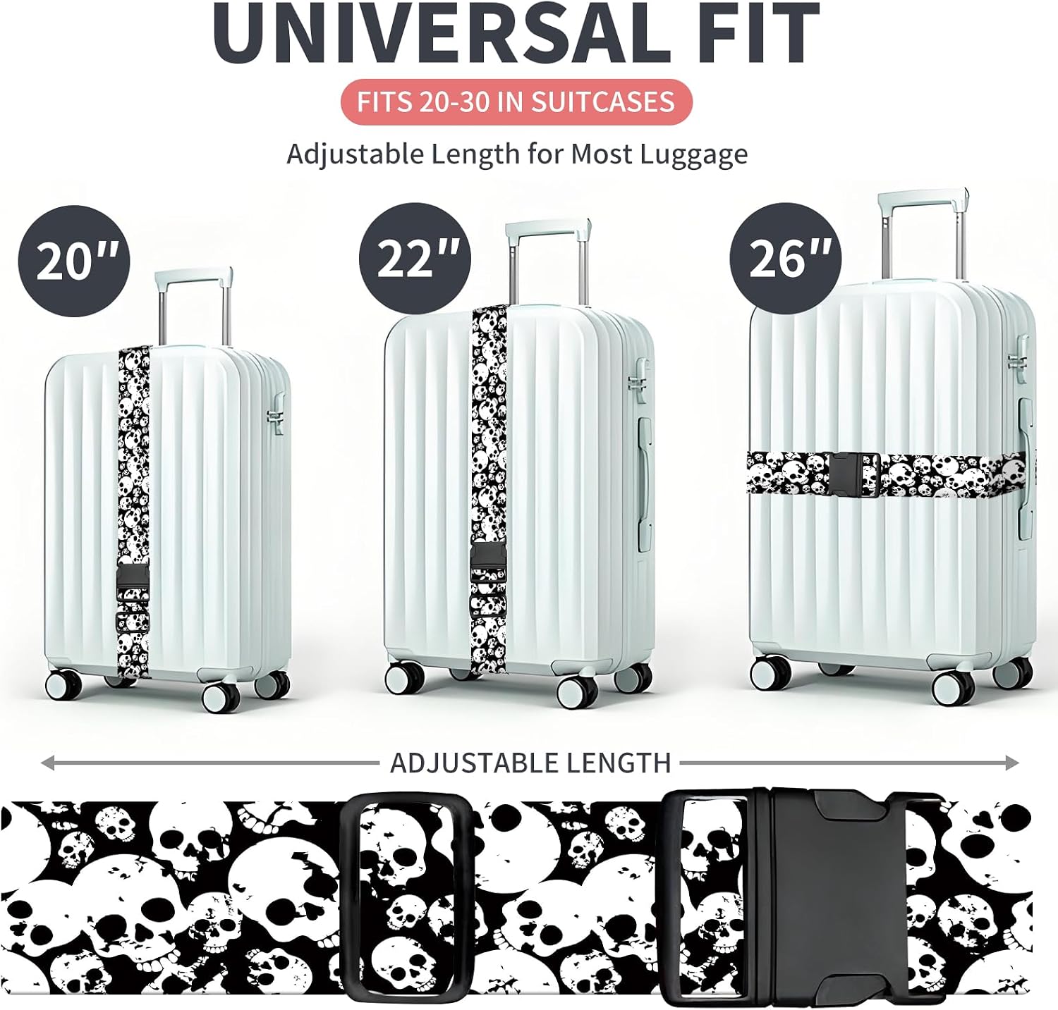 Luggage Strap for Suitcases Adjustable Travel Belt with Quick Release Buckle, Cute Travel Accessories for Suitcase Strap Trendy Skull