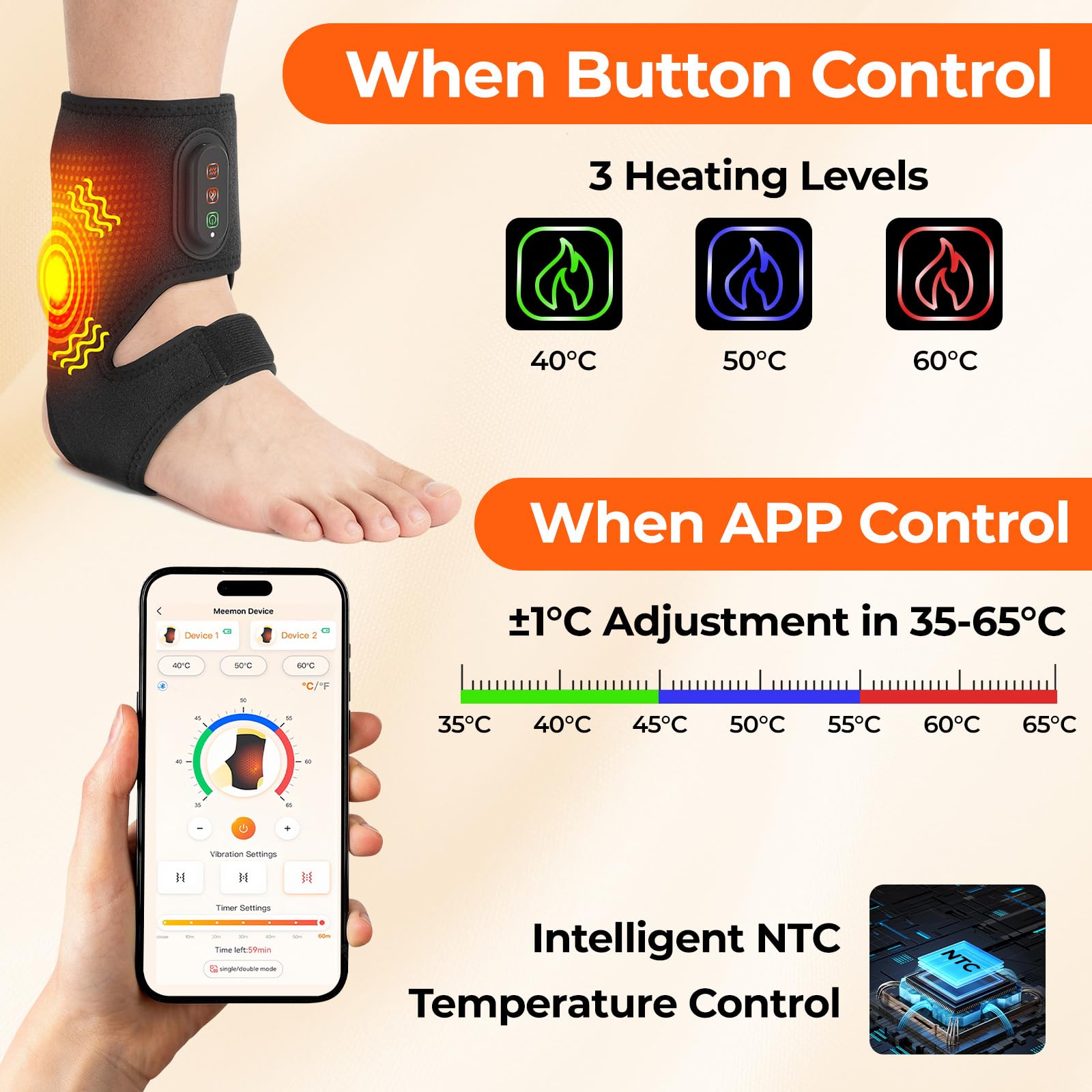 Masajeador de pies con calor, tobillo inalámbrico con calefacción | almohadilla térmica de tobillo con 3 niveles de calor y 3 modos de vibración, envoltura térmica para mujeres y hombres