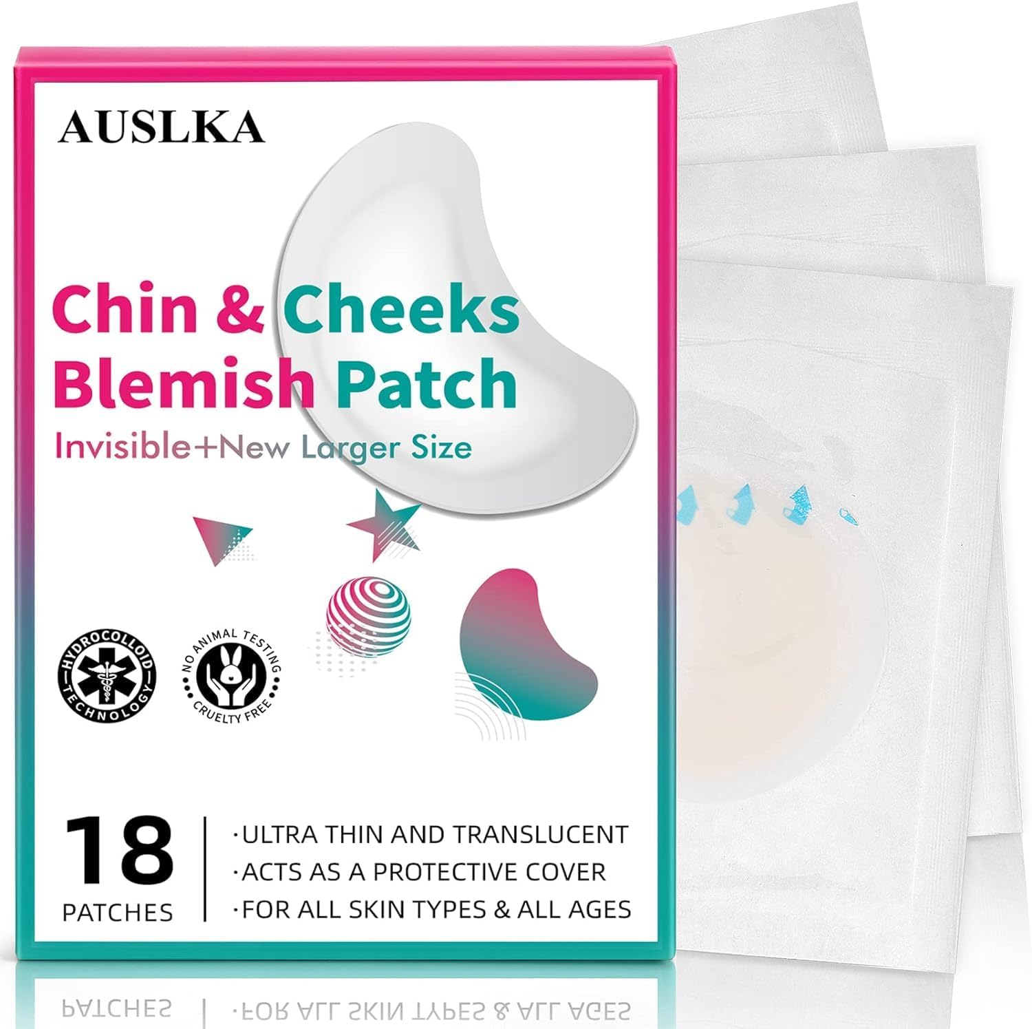 AUSLKA Pimple Patches for Face,Large Hydrocolloid Patches, Zit & Blemish, Large Spot Stickers for Chin, Cheeks, Body with Tea Tree & Calendula Oil, 18 Count