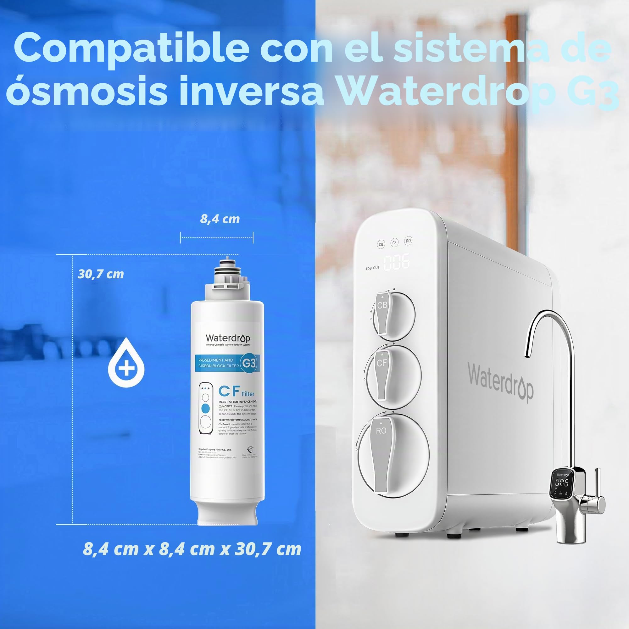 Waterdrop Filtro WD-G3-N1CF, 6 Meses de Vida Util, Recambio Para el Sistema de Osmosis Inversa WD-G3-W, Pack de 2 Unidades