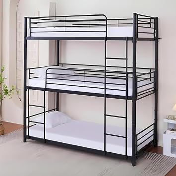 Reinforced Beds Bircham 3 Tier Bunk Bed   Black Metal Triple Stacker, Triple Single Bunk, Space-Saving Metal Bed for Hostels, Dorms & Shared Rooms Single