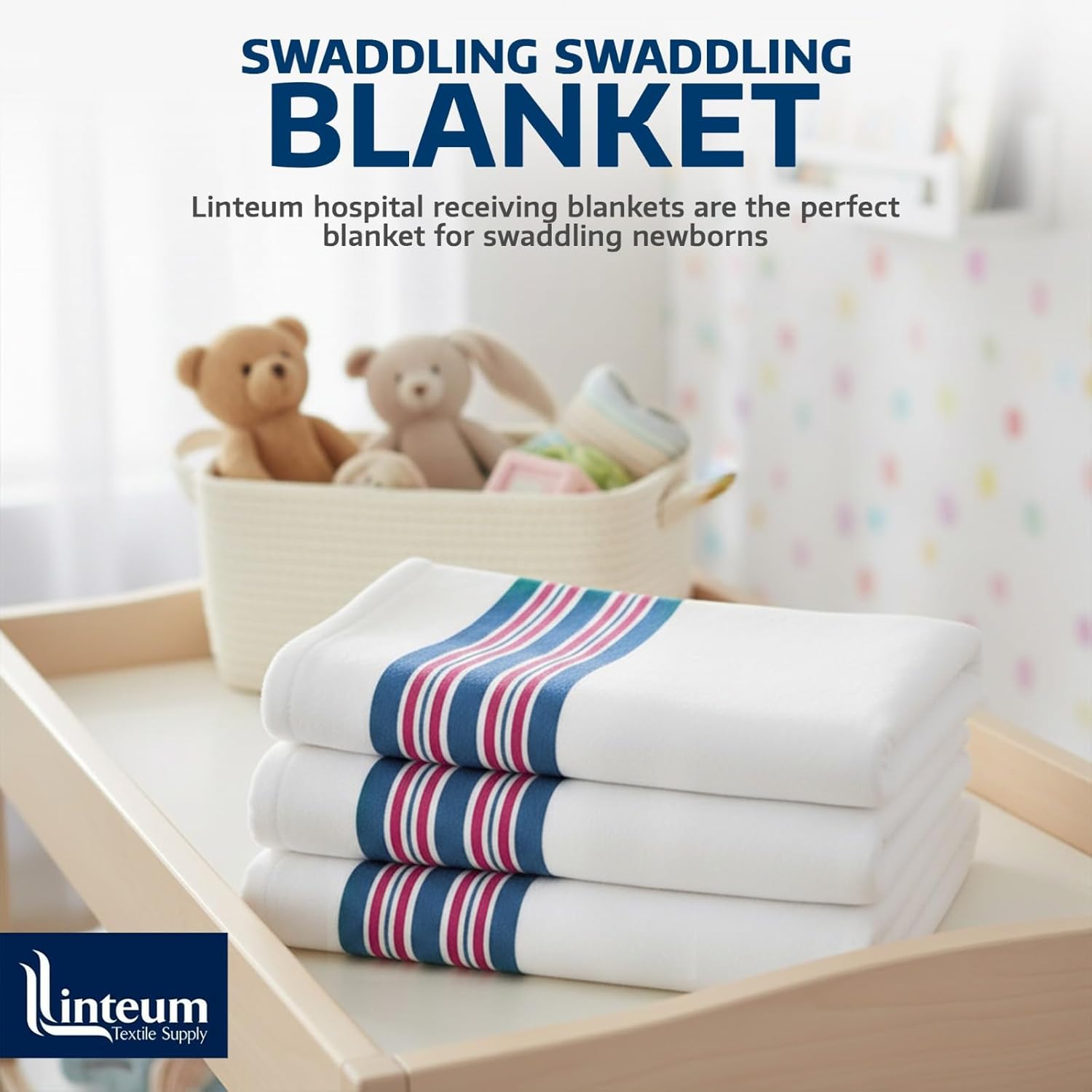 Linteum Textile Supply Hospital Receiving Blankets for Newborns – 100% Cotton, 30x40 in, White w/Teal & Pink Stripes – Classic Swaddle Wraps for Babies – 6-Pack