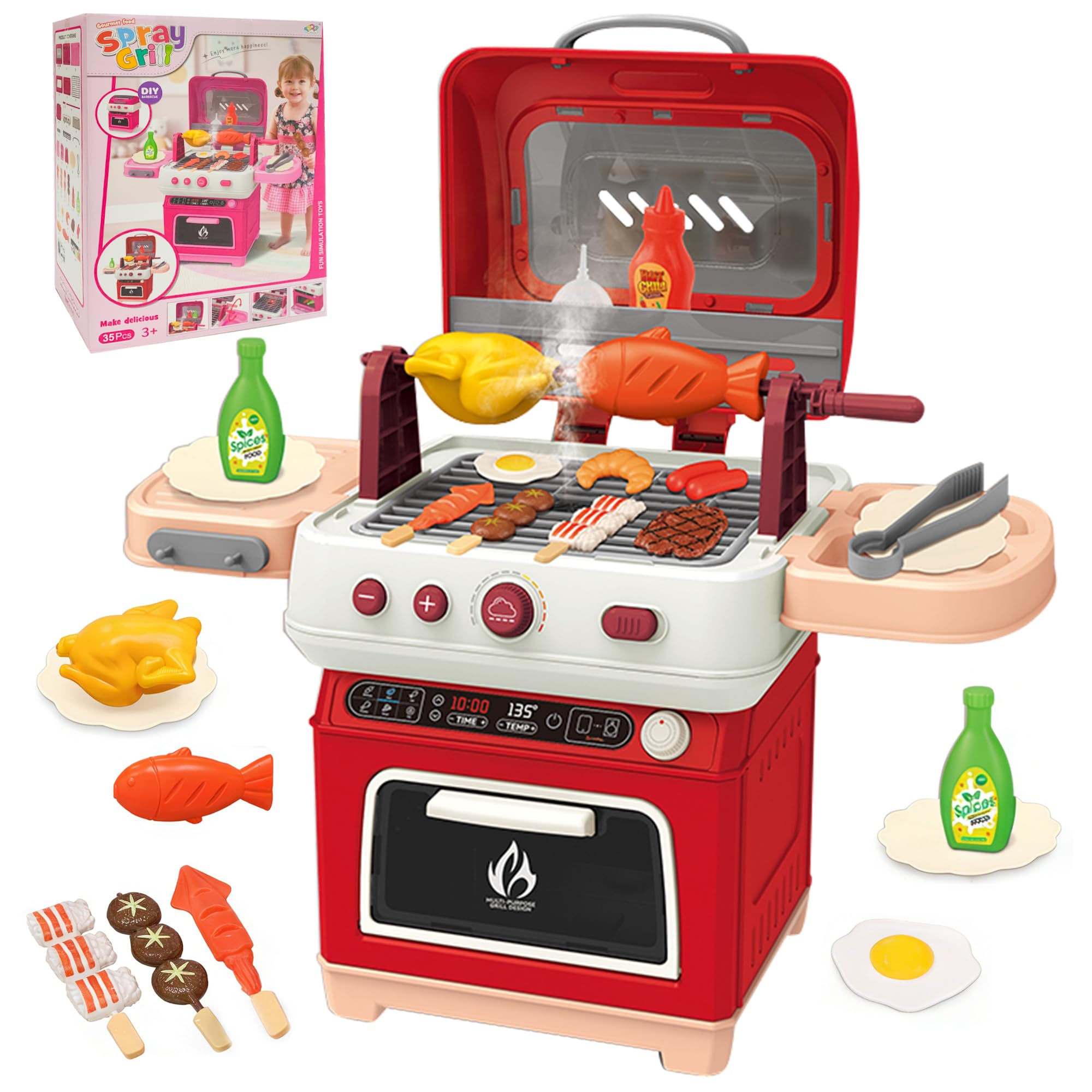 CATCHLUCK Kids BBQ Grill PlaysetN Play Kitchen Set for Kids Kitchen Grill Toys with Accessorie & Realistic Smoke/Sound/Light Play Toys for 3 4 5 Year Old Girls Boys Gifts