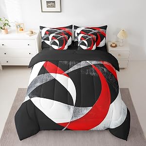 Feelyou Boys Girls Red Geometric Circle Bed in a Bag Set Full Size, Geometrics Swirls Bed in a Bag 7 Pieces Modern Art Comforter Set with Sheets Kids Teens Bedroom Decor 7Pcs