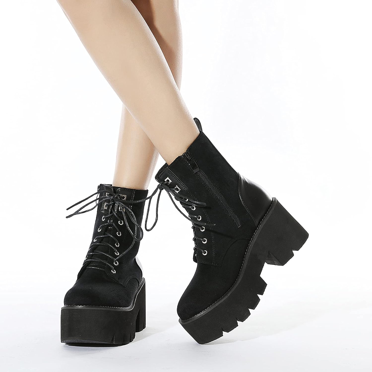 Womens Platform Boots Round Toe Chunky Ankle Boots Punk Boots Lace Up&Zipper Combat Boots - Image 2