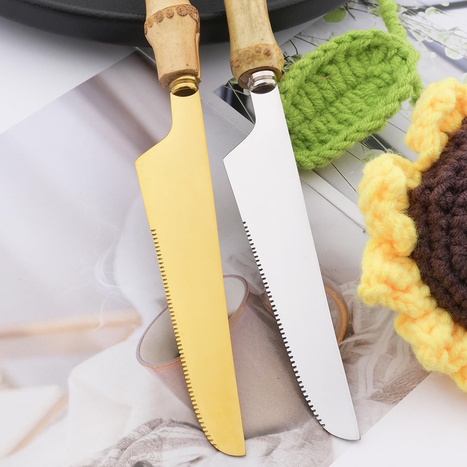 snplowum Natural Bamboo 8pcs Dinner Knife, Food Grade Stainless Steel Mirror Polished Sharp Silverware Table Knives Resuable Steak knife, 8.86-inch, Gold