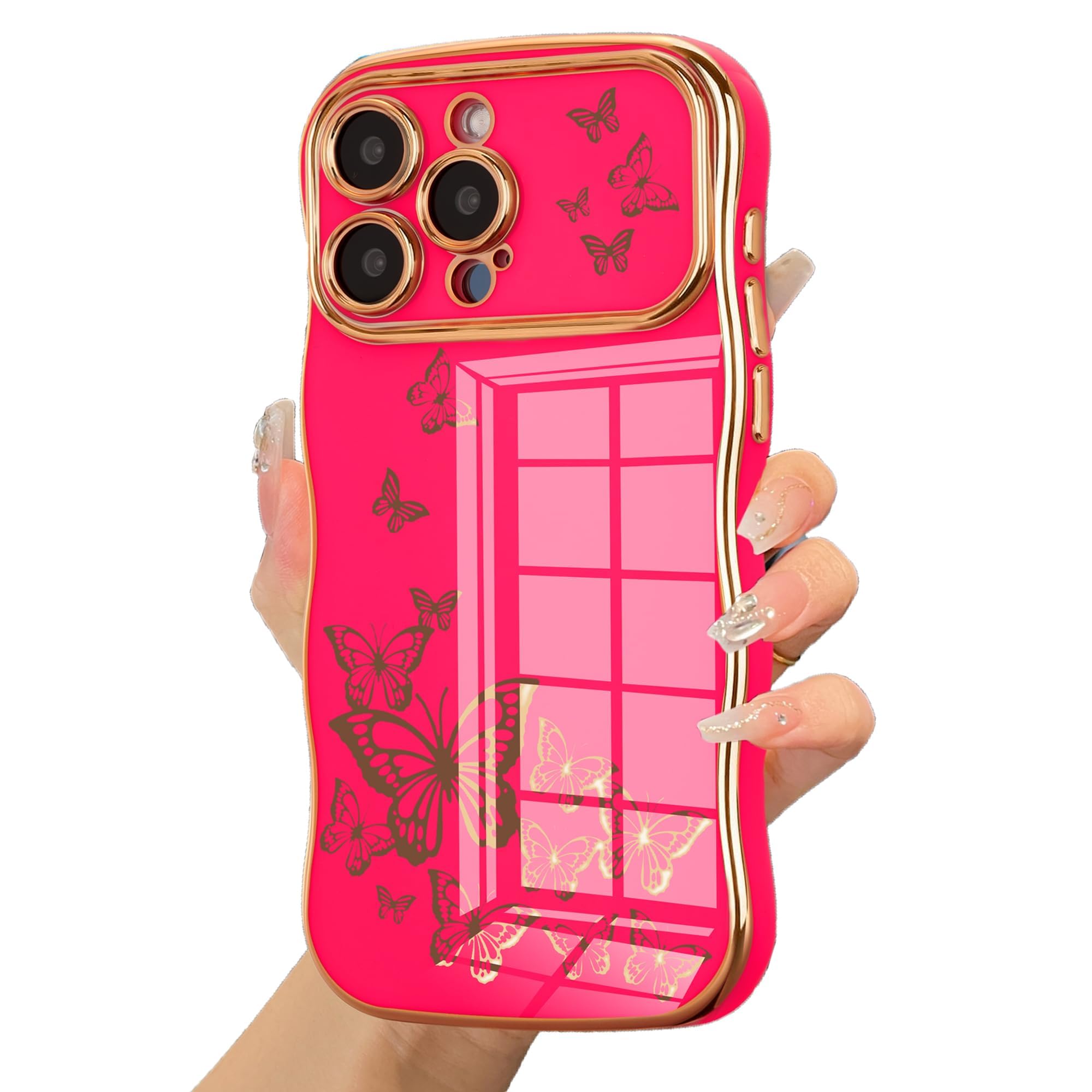 ZTOFERA for iPhone 15 Pro Max Case for Girl Women, Cute Curly Wave Frame with Luxury Plating Butterfly Pattern, Soft TPU Shockproof Raised Lens