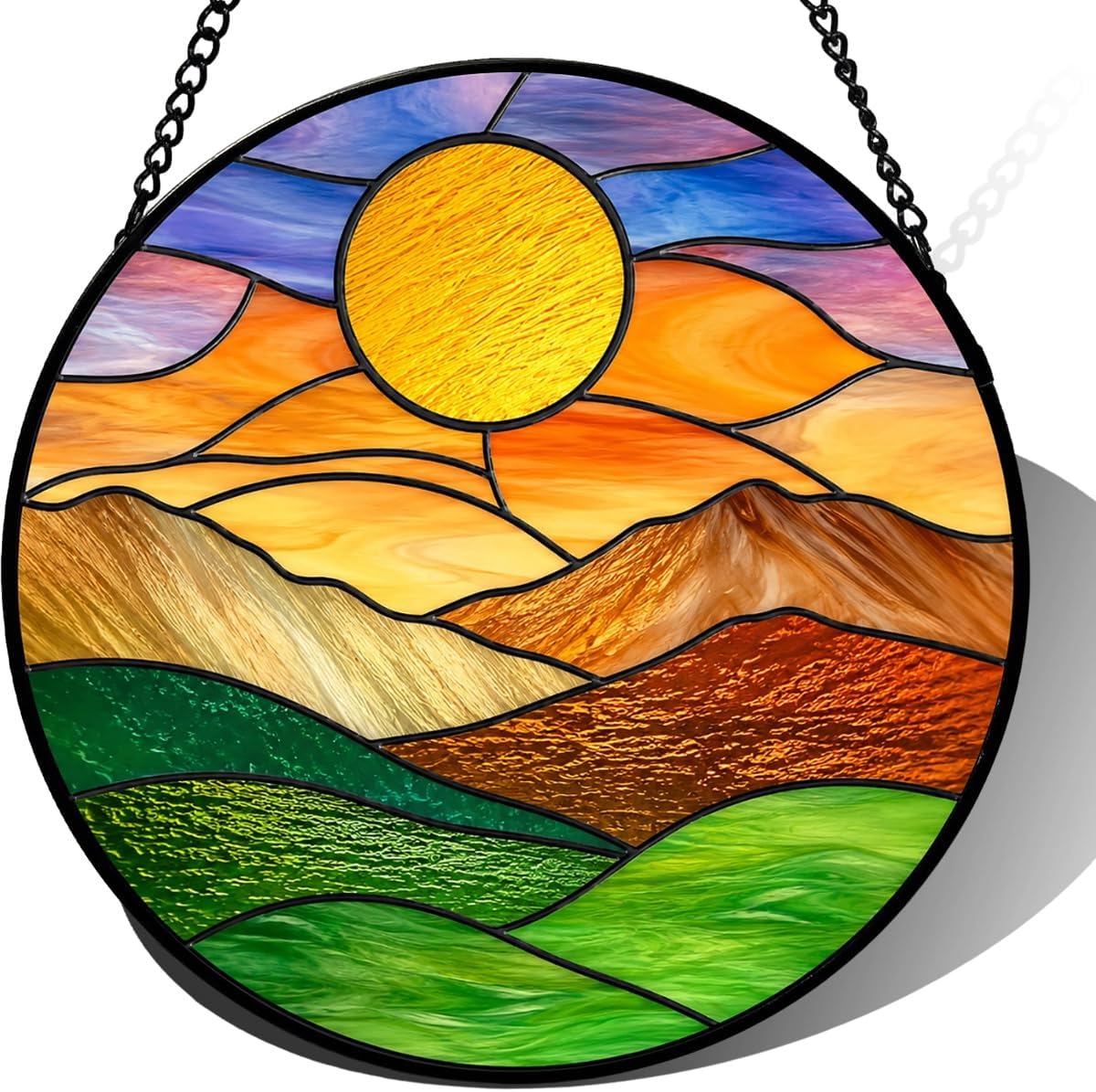Stained Glass Suncatcher Mountain Landscape Window Hanging, Colorful Sunset Wall Art Decor, Unique Housewarming Gift for Mom, Nature Lover, Home Office Ornament (Mixed,11.8×11.8 in)