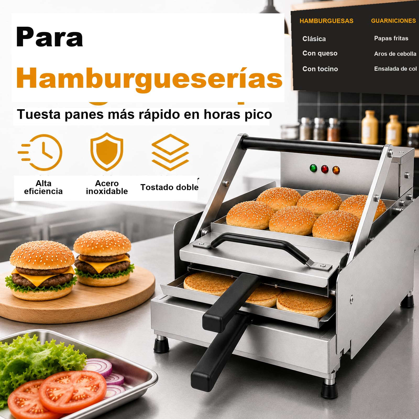 Tostador de Panes para Hamburguesa Comercial Doble Nivel | Doble nivel, acero inoxidable, temporizador, temperatura ajustable y diseño compacto para hostelería