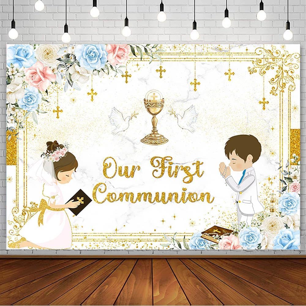8x6ft Our First Holy Communion Backdrop for Twins God Bless Baptism Party Decorations Christening Ceremony Mi Primera Comunion Mi Bautizo Banner Boho Floral Photography Background Photo Props 8x6ft Gold