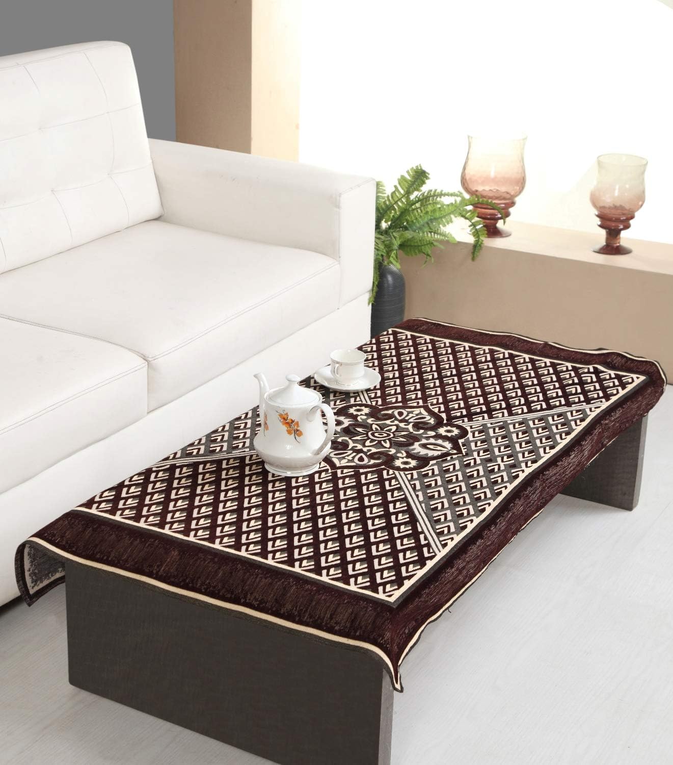 Nendle Jacquard Weaved Velvet Geometric Sofa Center Table Cover for 4 Seater (Brown, Standard)