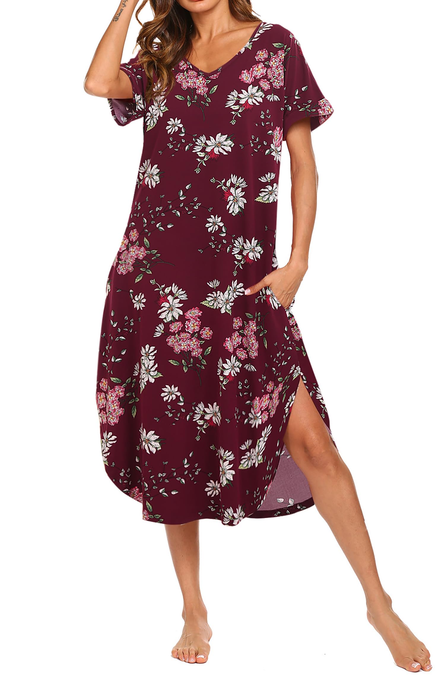 AVIIER Cotton Nightgowns for Women Short Sleeve House Dress Long Night Gown with Pockets S-XXL