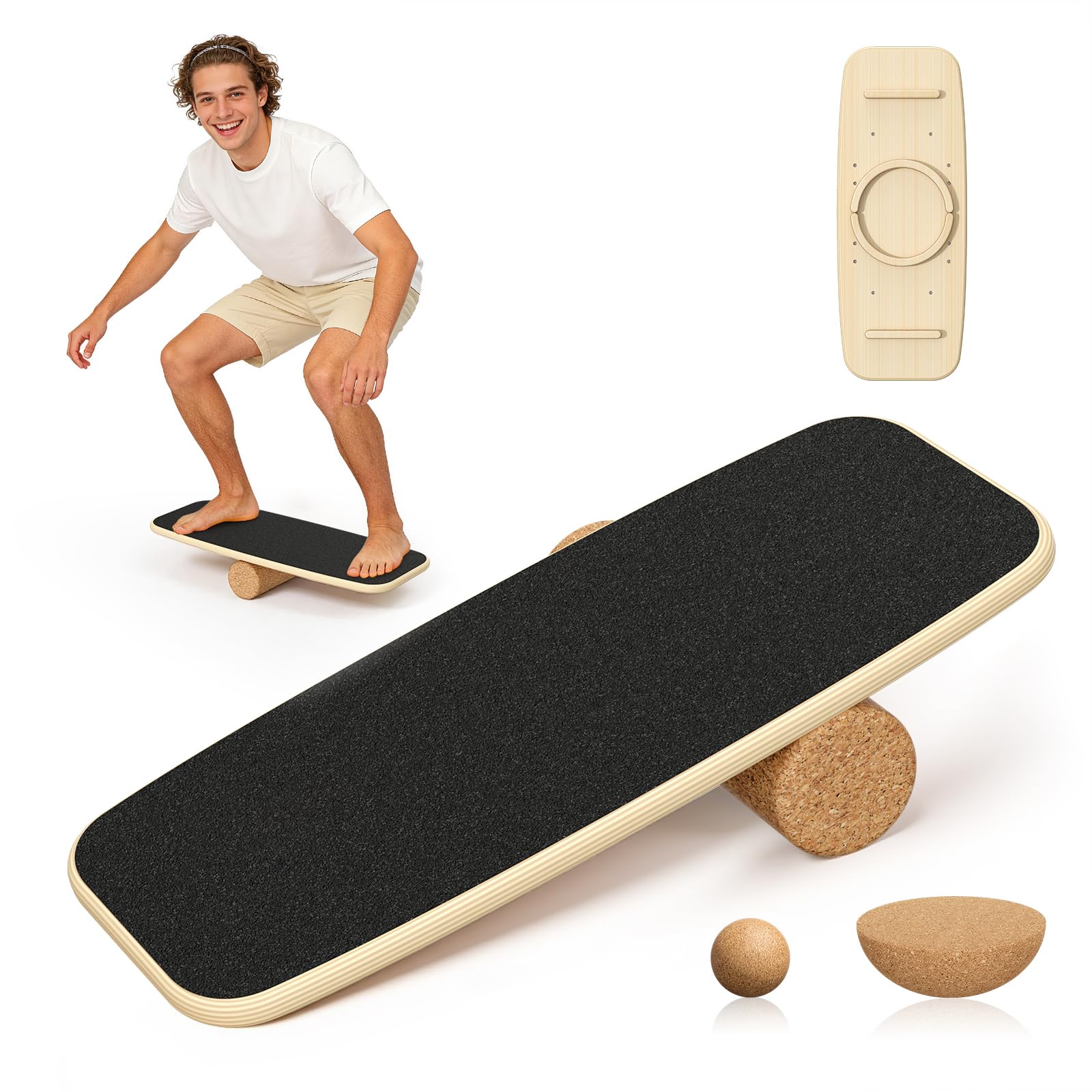 8-in-1 Balance Board Erwachsene,Holz Balance Board Set Mit Korkrolle,Kork Halbkugel und Woodball,Balance-Trainer mit rutschfester Oberflächenbehandlung