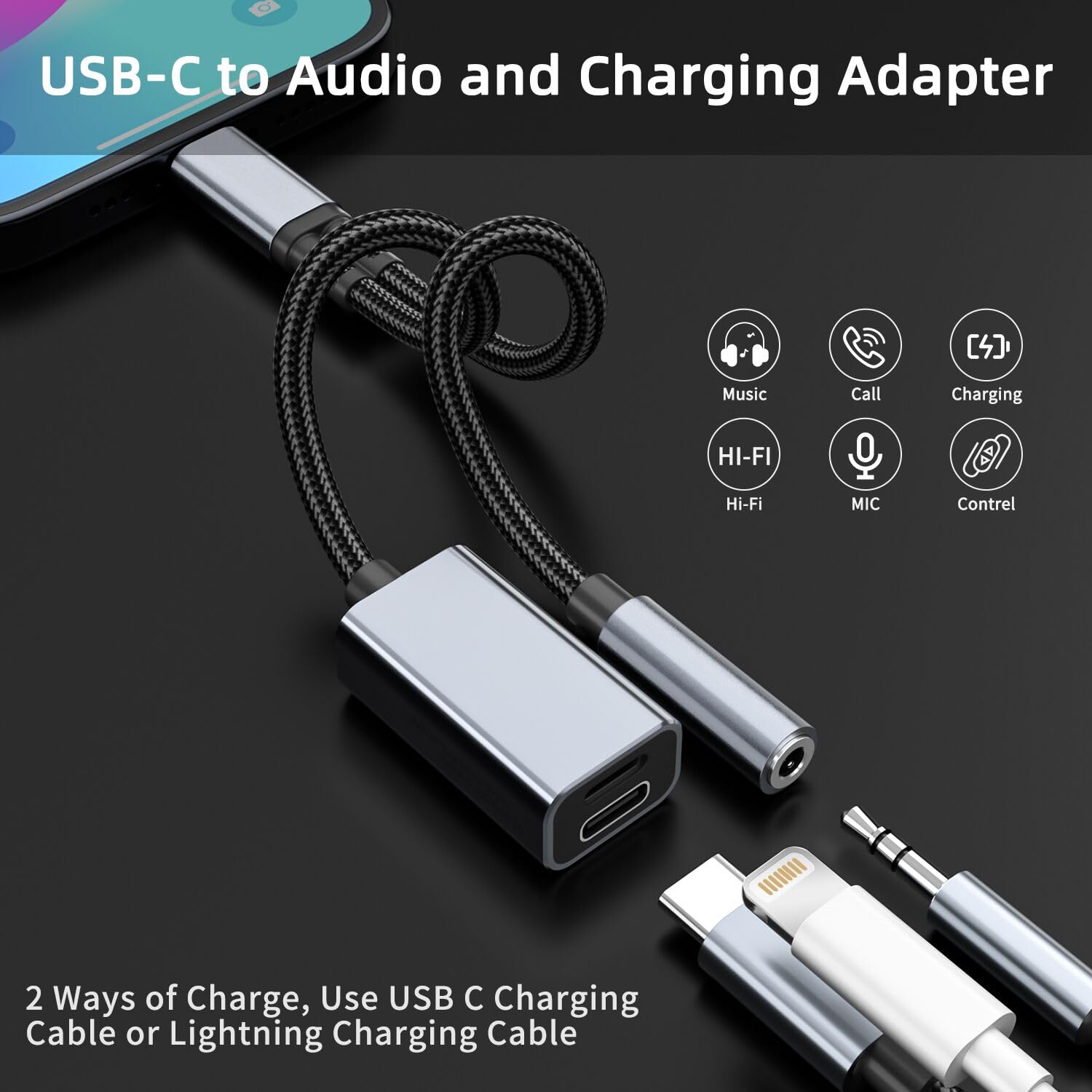 USB C to 3.5mm Audio Adapter with Charger, 3 in 1 USB C Headphone Adapter with PD 27W & Lightning 10W Charging Dongle Compatible with iPhone 15/15Pro, Galaxy S24 Ultra/S23/S22/S21, Google Pixel 8/7/6