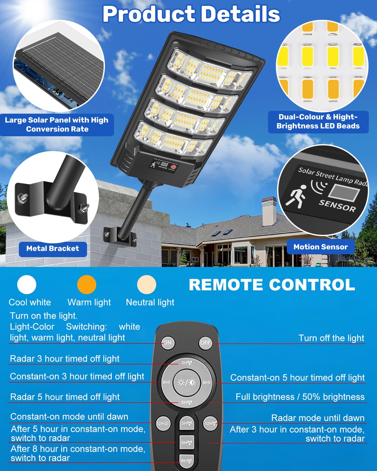 Farolas Solares LED Exterior, Foco Solar Potente 6500K Blanca y 3000K Cálida Luz Impermeable con Mando a Distancia,Sensor de Movimiento Farolas de Jardín Lámpara Solar para Garaje -2 Pack