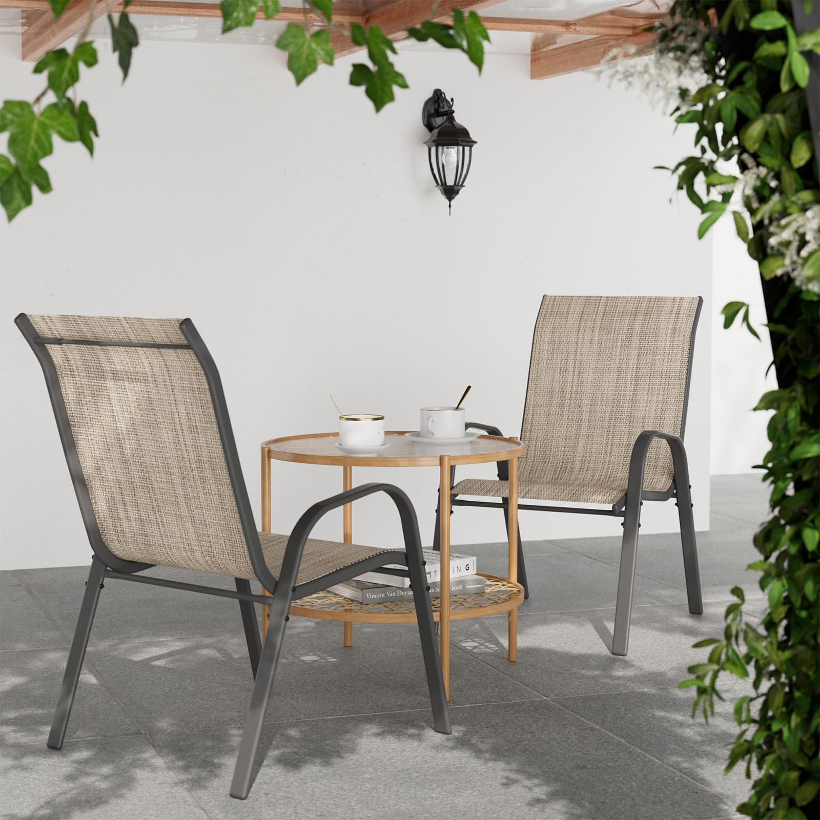 UDPATIO 4er Set Gartenstühle Stapelbare, 55cm Breiter Hochlehner Gartenstuhl, Stapelstühle aus Textilene, Atmungsaktive Terrassenstühle für Balkon, Terrasse, Garten, Braun