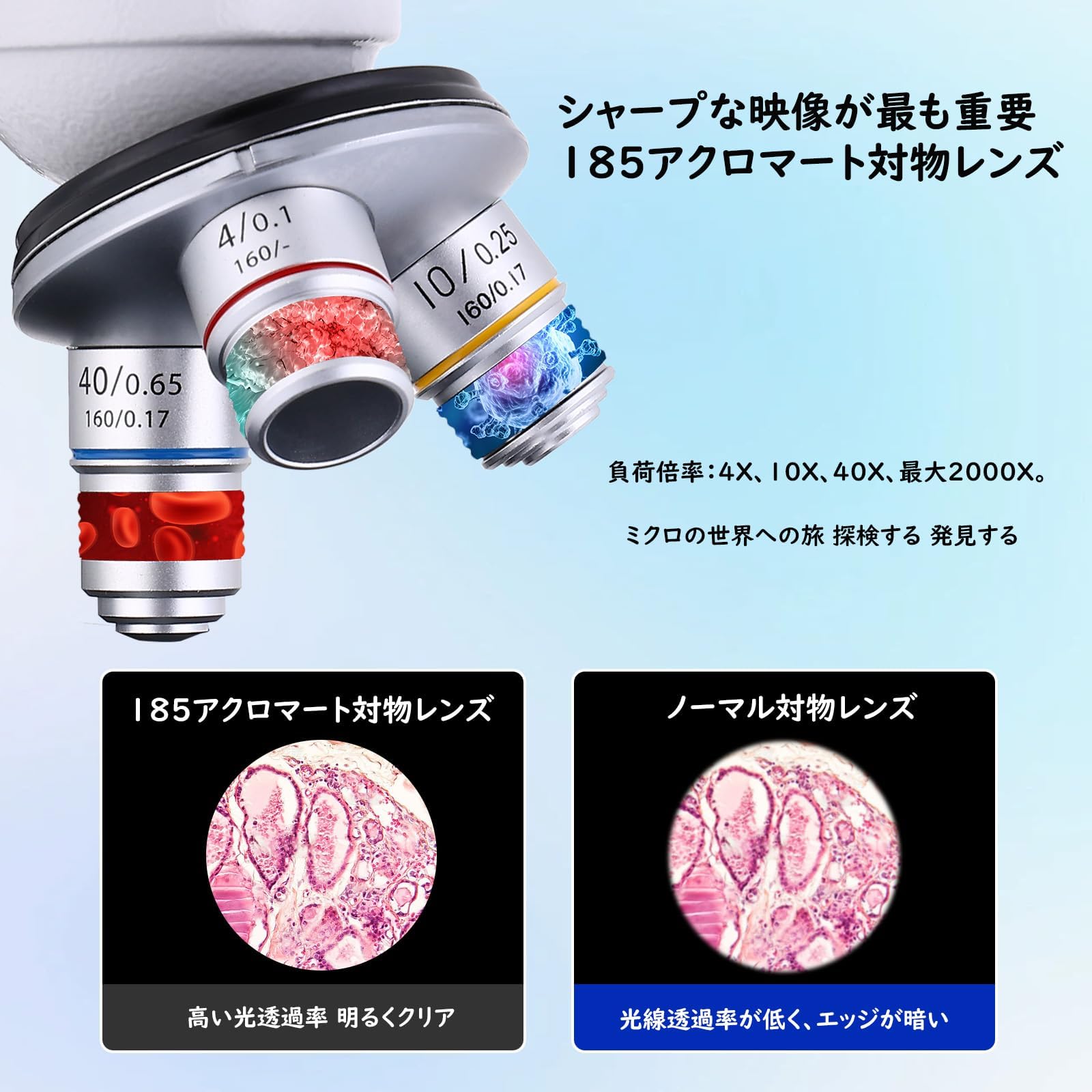 Amazon.co.jp: Misoterm 複合型双眼顕微鏡 40X～2000倍 デュアルLED