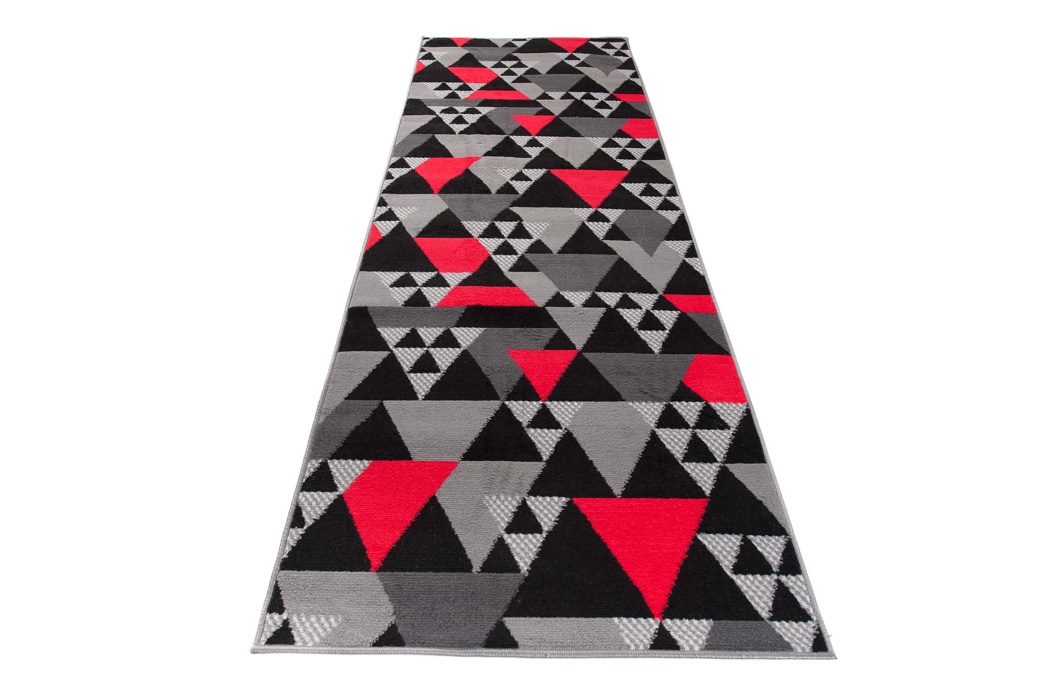 Tapiso Maya dywan chodnik, towar sprzedawany na metry, krótkie runo, do przedpokoju, kuchni, salonu, nowoczesny, szary, czerwony, czarny, geometryczny trójkąt, Ökotex 70 x 180 cm