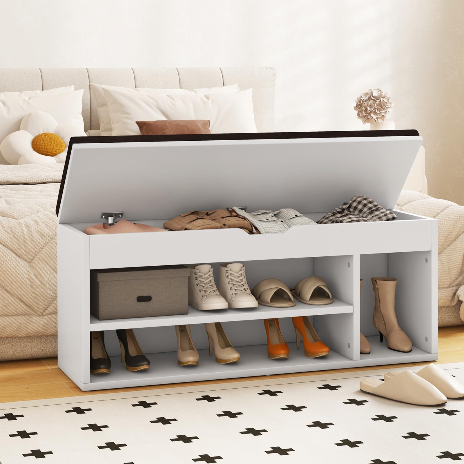 RELAX4LIFE Schuhbank, Schuhablage mit 3 Ablage & Stauraum, Schuhtruhe mit Sitzfläche, Schuhregal für niedrige & hohe Schuhe, Sitzbank für Wohnzimmer & Flur & Schlafzimmer, 104 x 30 x 48 cm (Weiß)