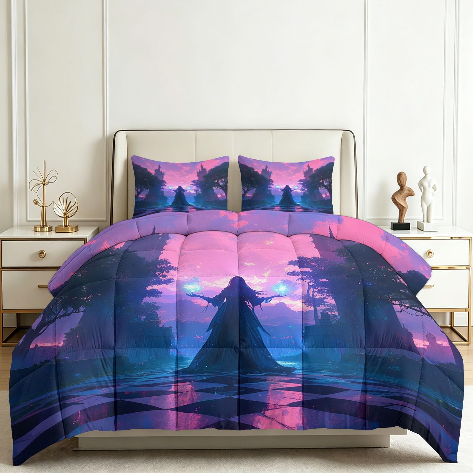 Piumino stampato 4 stagioni 240 x 260 cm fantasia Halloween magia castello set da letto 3 pezzi, microfibra ultra morbida e antiacari – design senza rivestimento con trapuntatura losanga, rosa