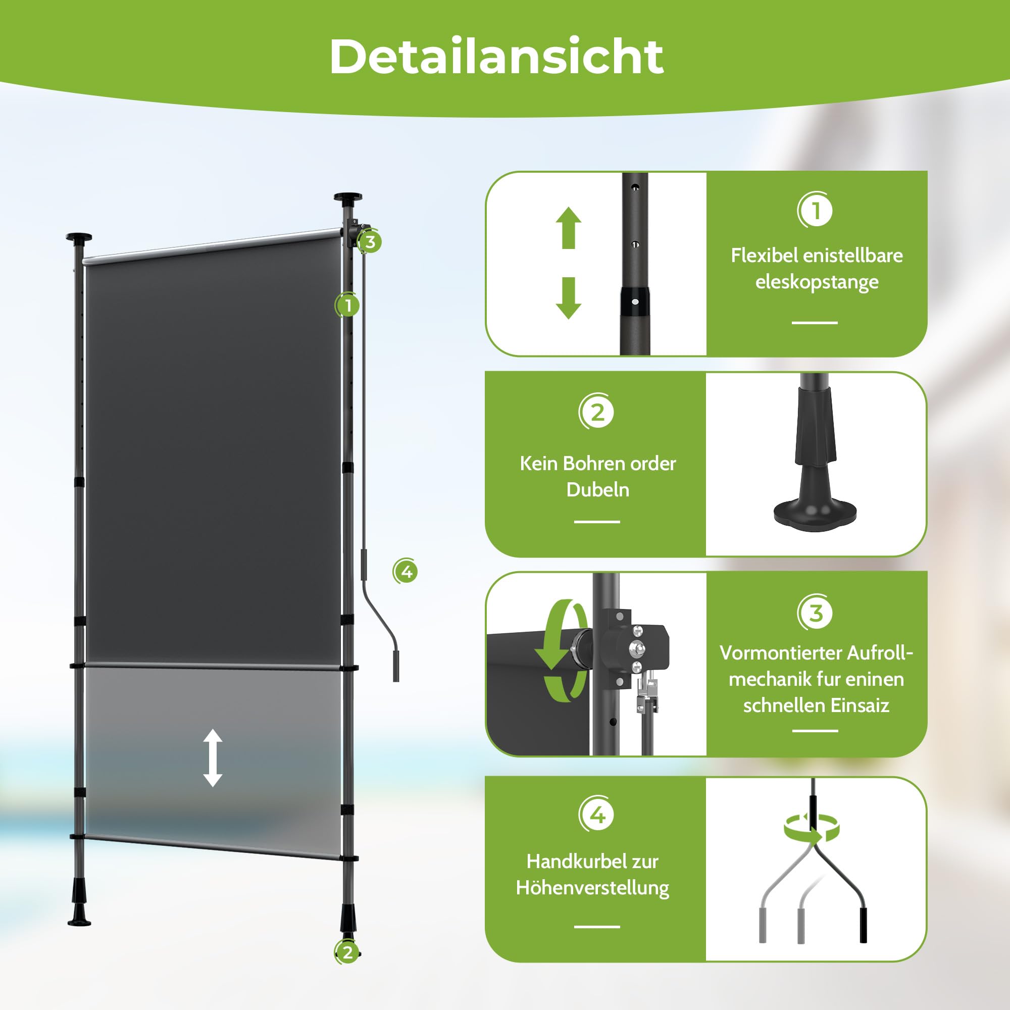 BelleMax Senkrechtmarkise Balkon außen ohne Bohren, Dunkelgrau 200x310cm Vertikalmarkise Klemmmarkise Mit Kurbel, Markise für Terrasse, Sichtschutz Sonnenschutz wetterfest