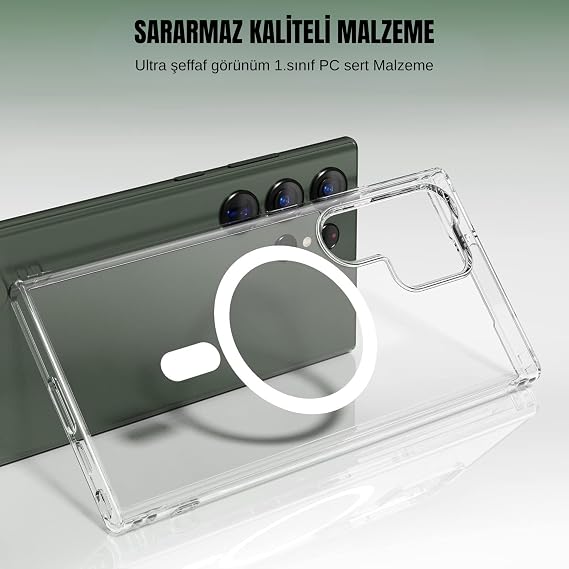 Ehr. Samsung Galaxy S24 Ultra Uyumlu Kamera Korumalı Magsafe Wireless Şarj Özellikli Sert Sararmaz Kristal Şeffaf Kılıf (Şeffaf, Samsung Galaxy S24 Ultra)
